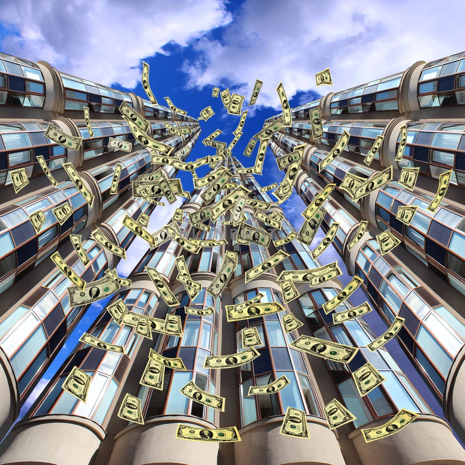 dollars falling from high modern beautiful skyscrapers