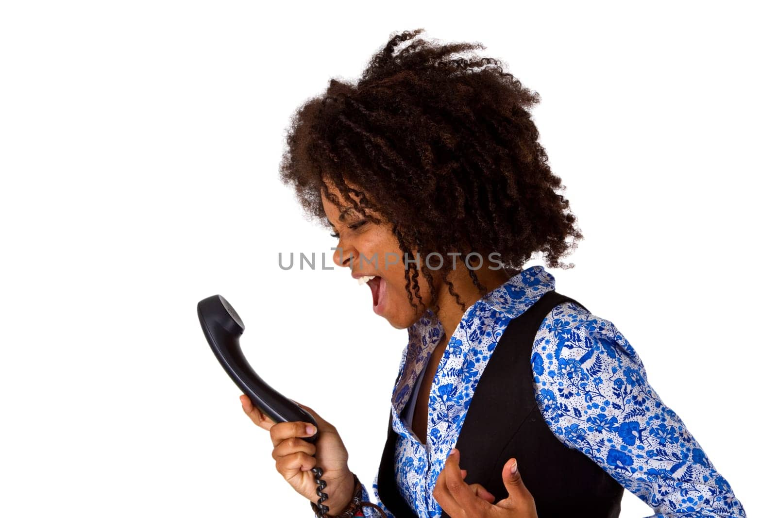 Annoyed African-American woman on the phone - exempted on white background