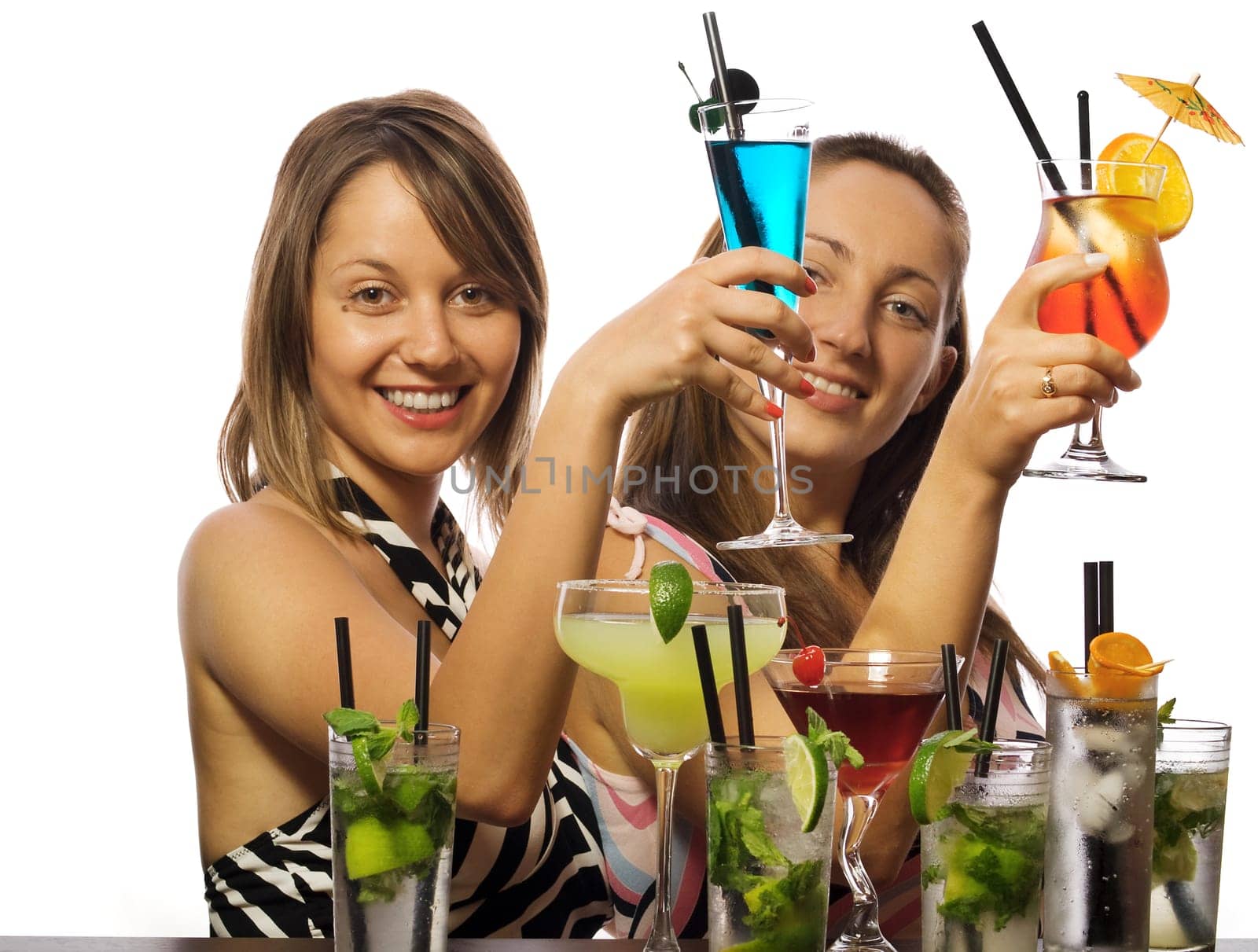 Two girls with a lot of cocktails
