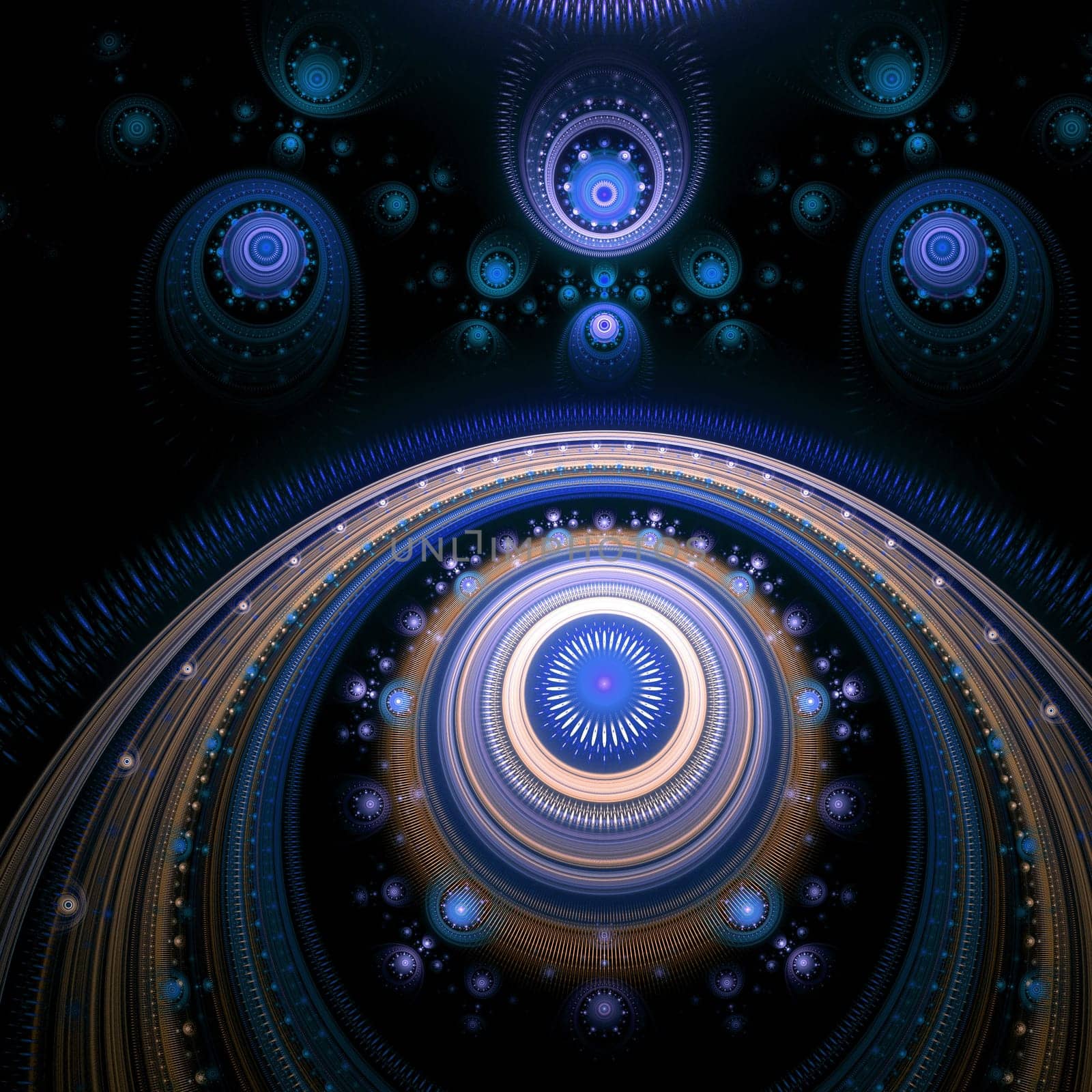 Futuristic dark background with cyan sphere, red and brown elements. Abstract computer-generated fractal