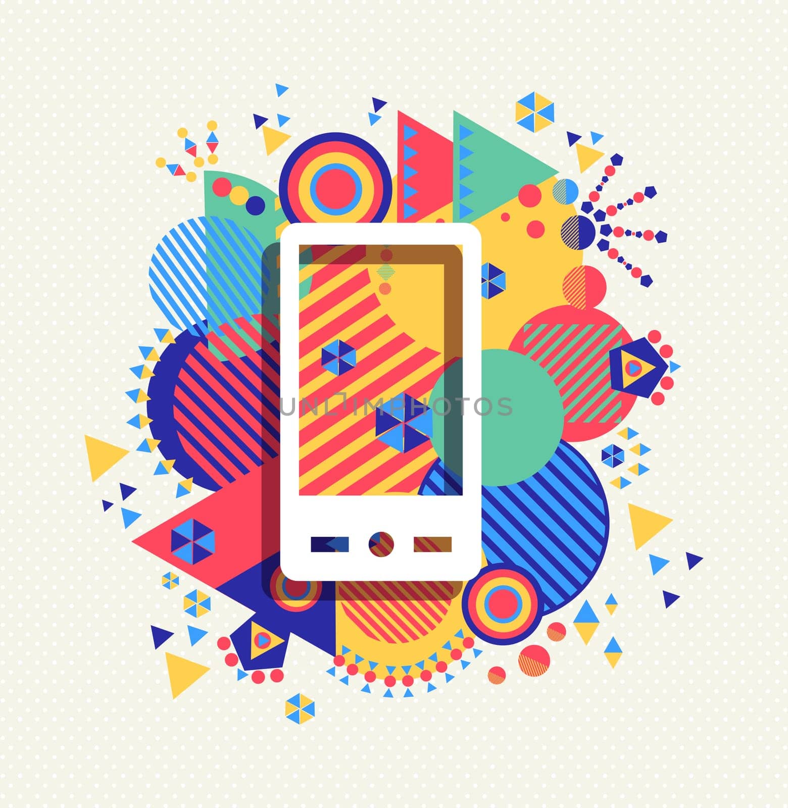 Mobile cell phone icon app poster illustration with colorful vibrant geometry shapes background. Social media concept. EPS10 vector.