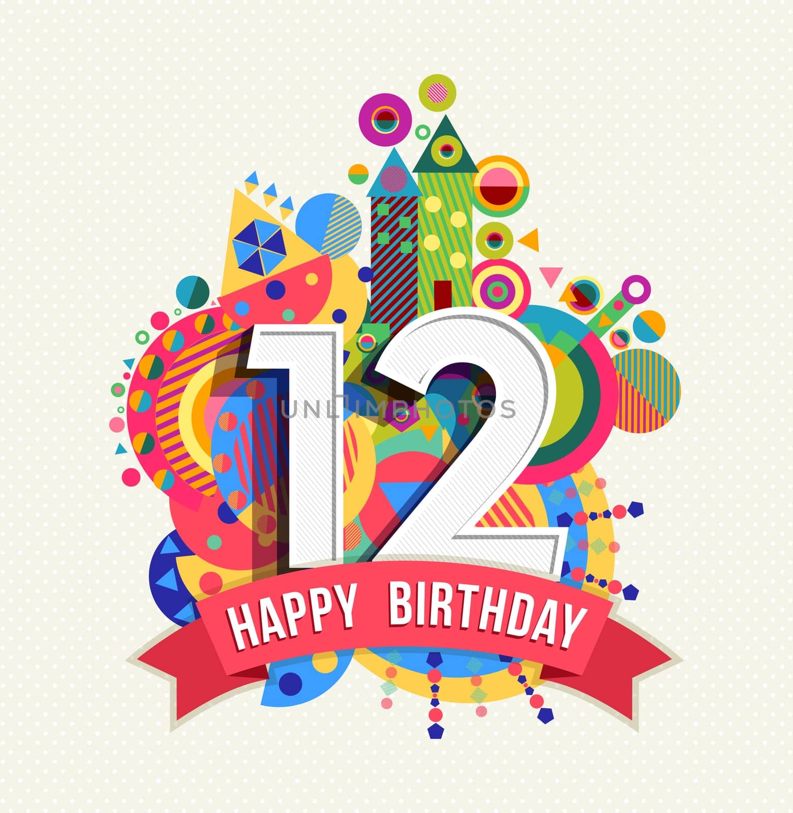 Happy Birthday twelve 12 year, fun celebration greeting card with number, text label and colorful geometry design. EPS10 vector...