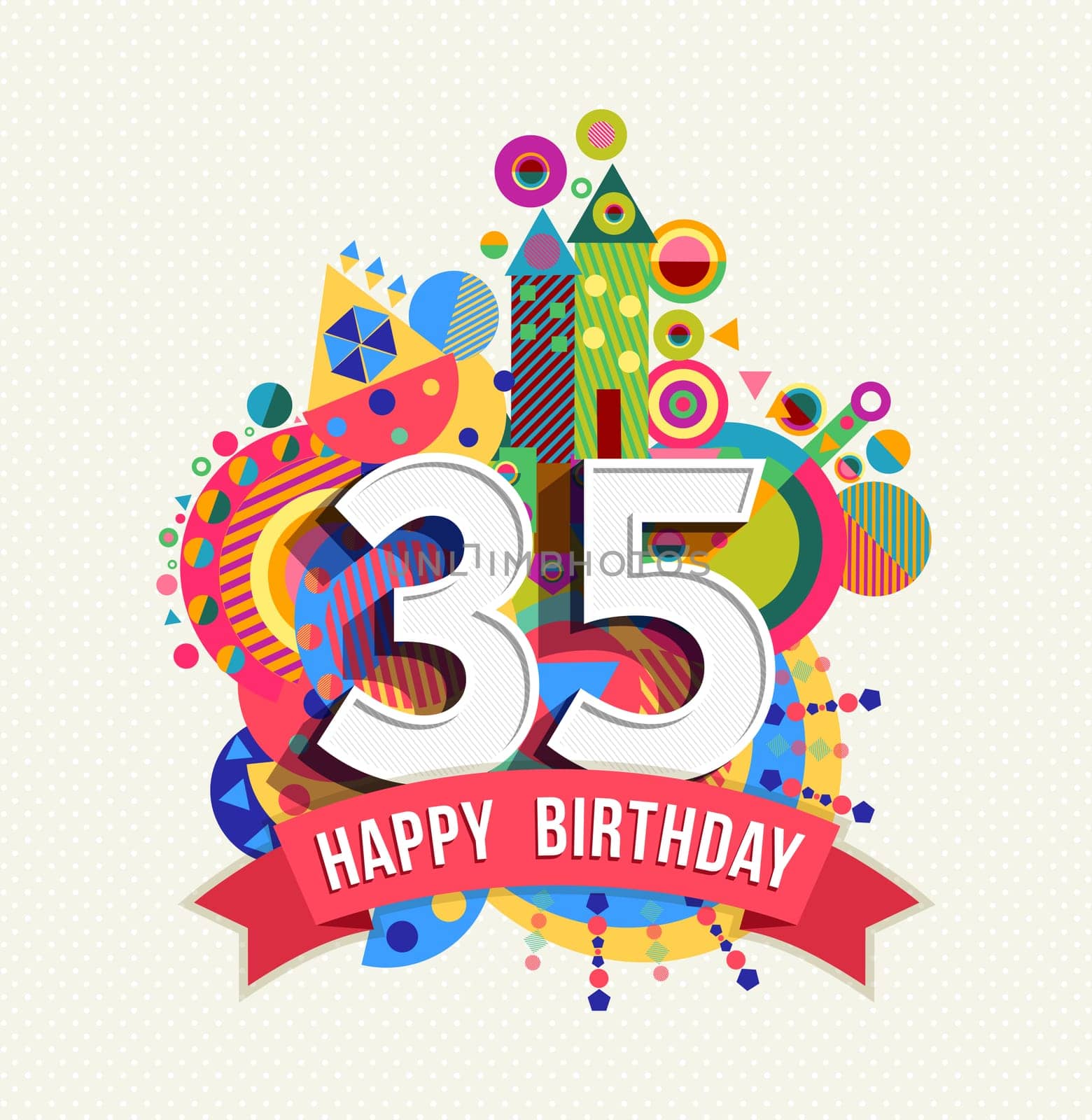 Happy Birthday thirty five 35 year, fun celebration greeting card with number, text label and colorful geometry design. EPS10 vector...