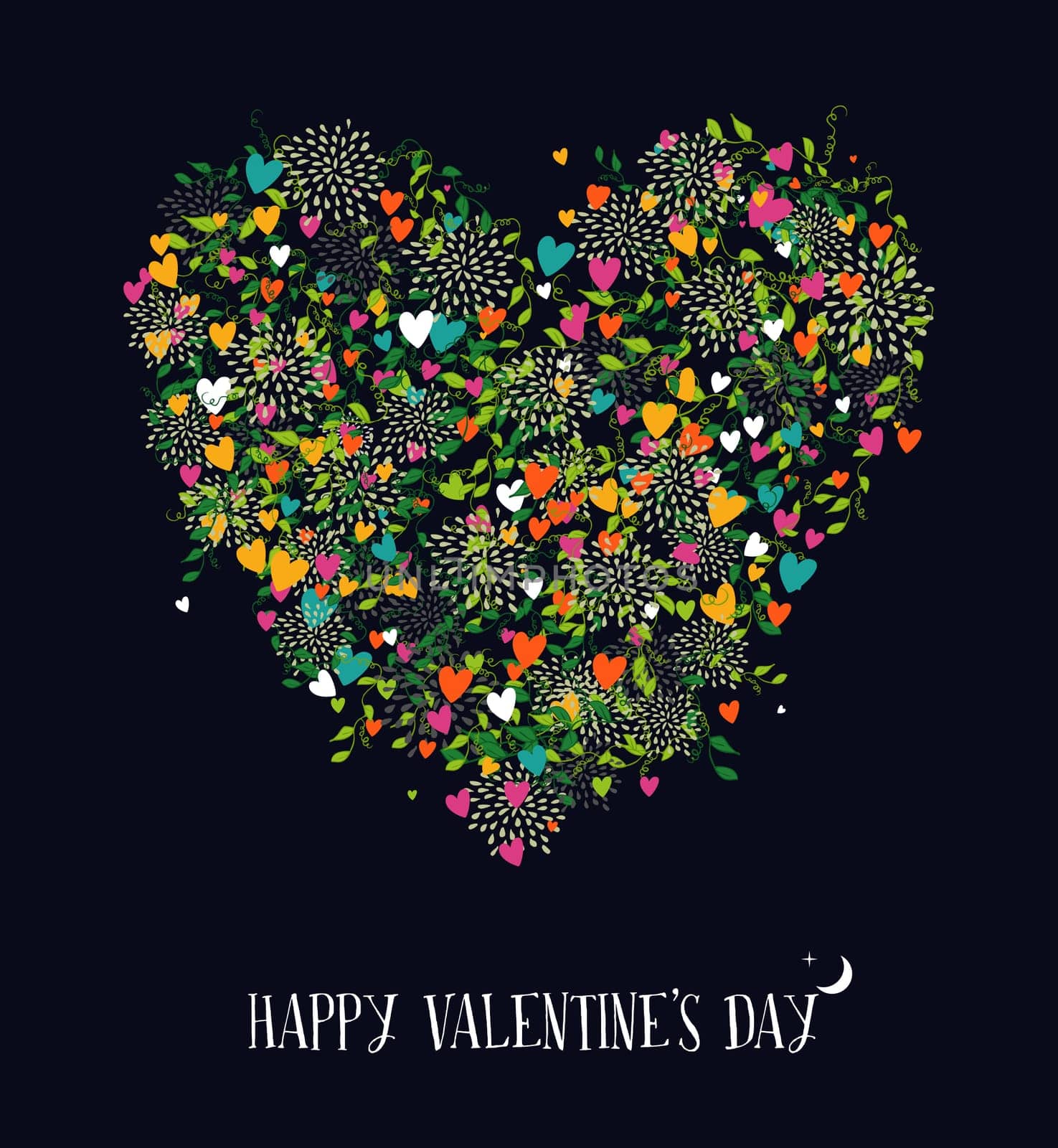 Happy Valentines day colorful poster or greeting card design. Heart shape silhouette made with nature elements, leaf and love flowers. EPS10 vector.
