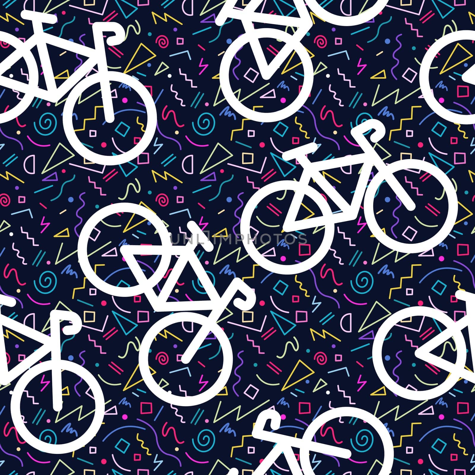 Bike retro seamless pattern, bicycle outline silhouette with 80s colorful geometry shape background in memphis style. EPS10 vector. .