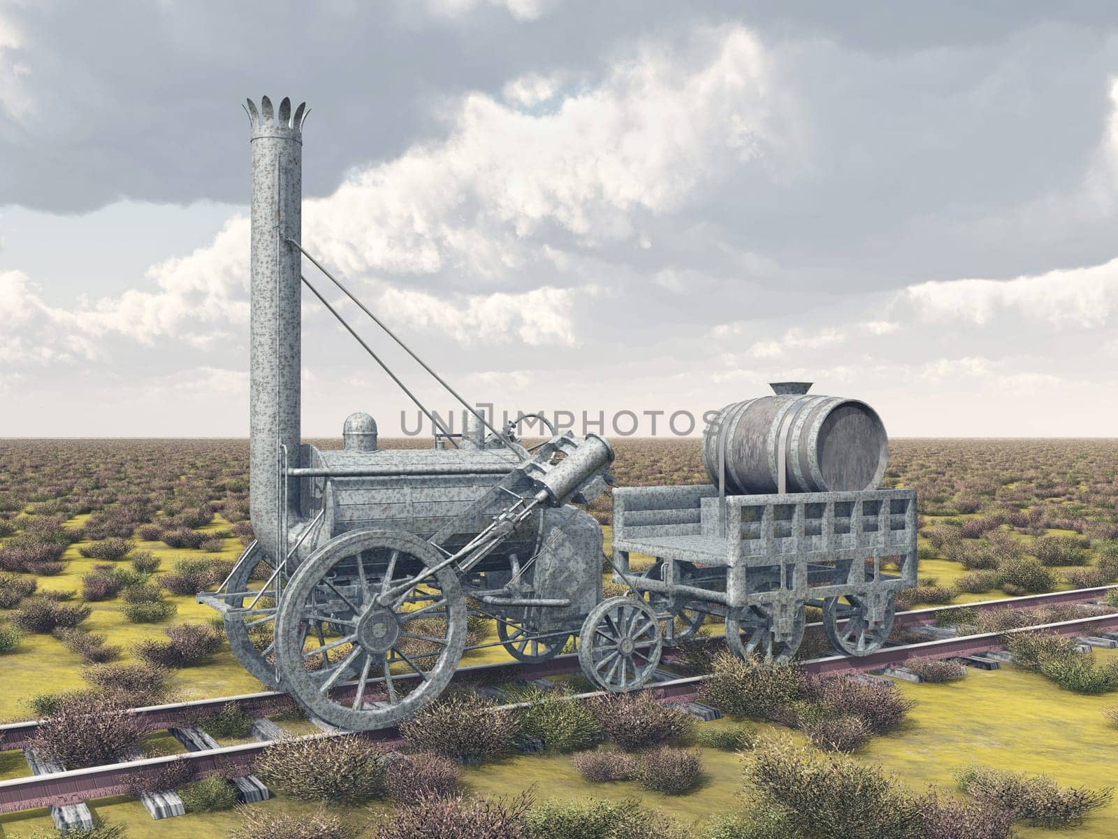 Computer-generated 3D illustration with a British steam locomotive from 1829