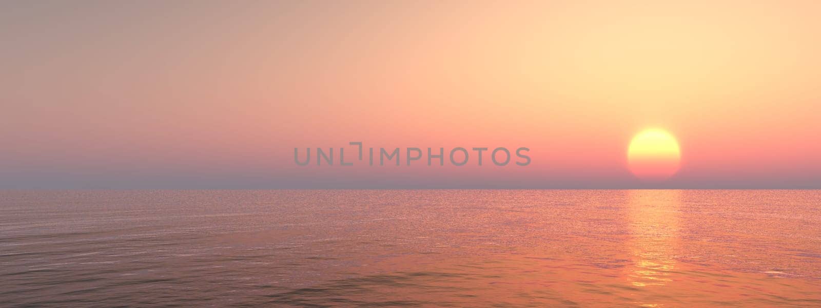 Computer-generated 3D illustration with a sunset over the sea