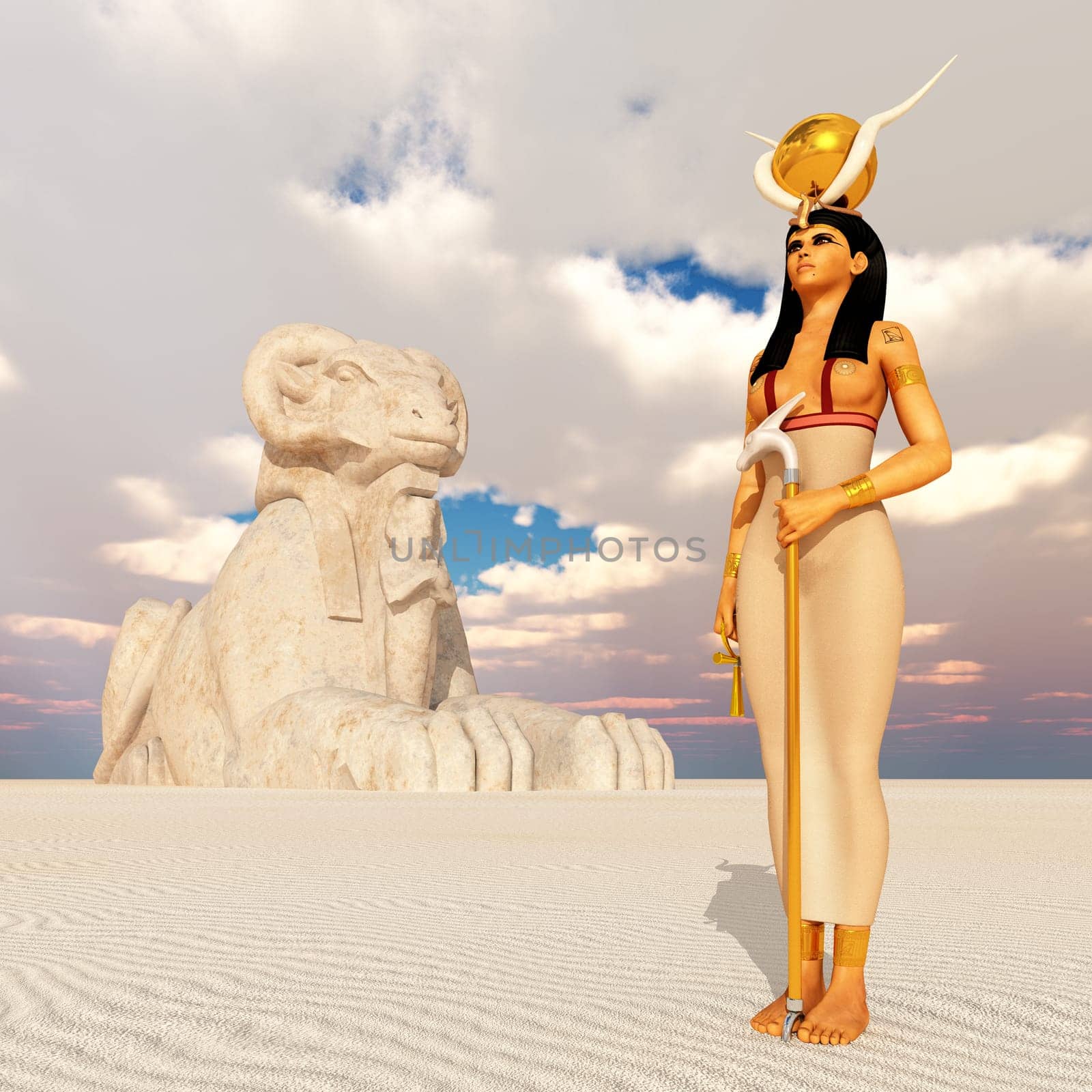 Computer-generated 3D illustration with goddess Hathor and Ariessphinx