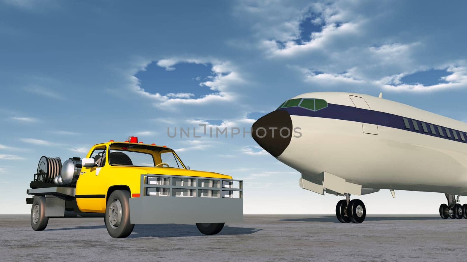 Computer-generated 3D illustration with an airport tanker and a passenger plane