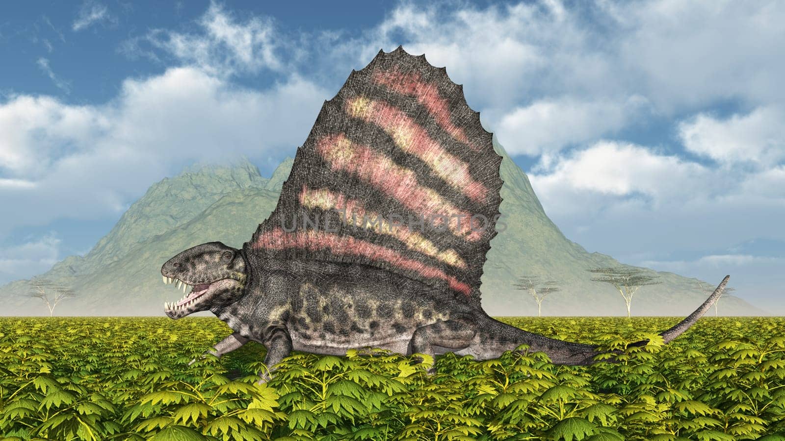 Computer-generated 3D illustration with the Pelycosaur Dimetrodon
