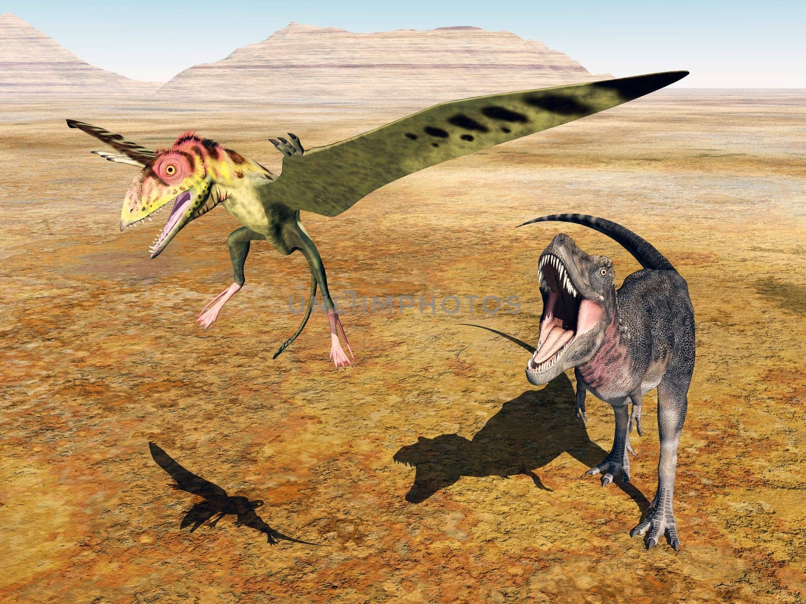 Computer-generated 3D illustration with the flying dinosaur Peteinosaurus and the dinosaur Tarbosaurus