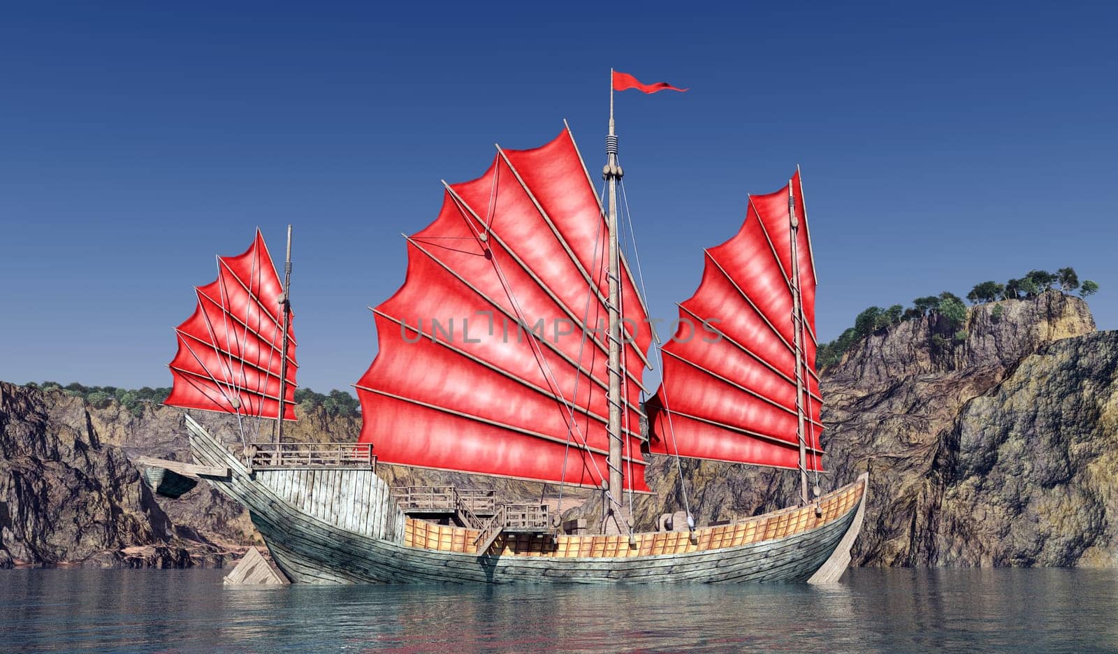 Computer-generated 3D illustration with a Chinese junk