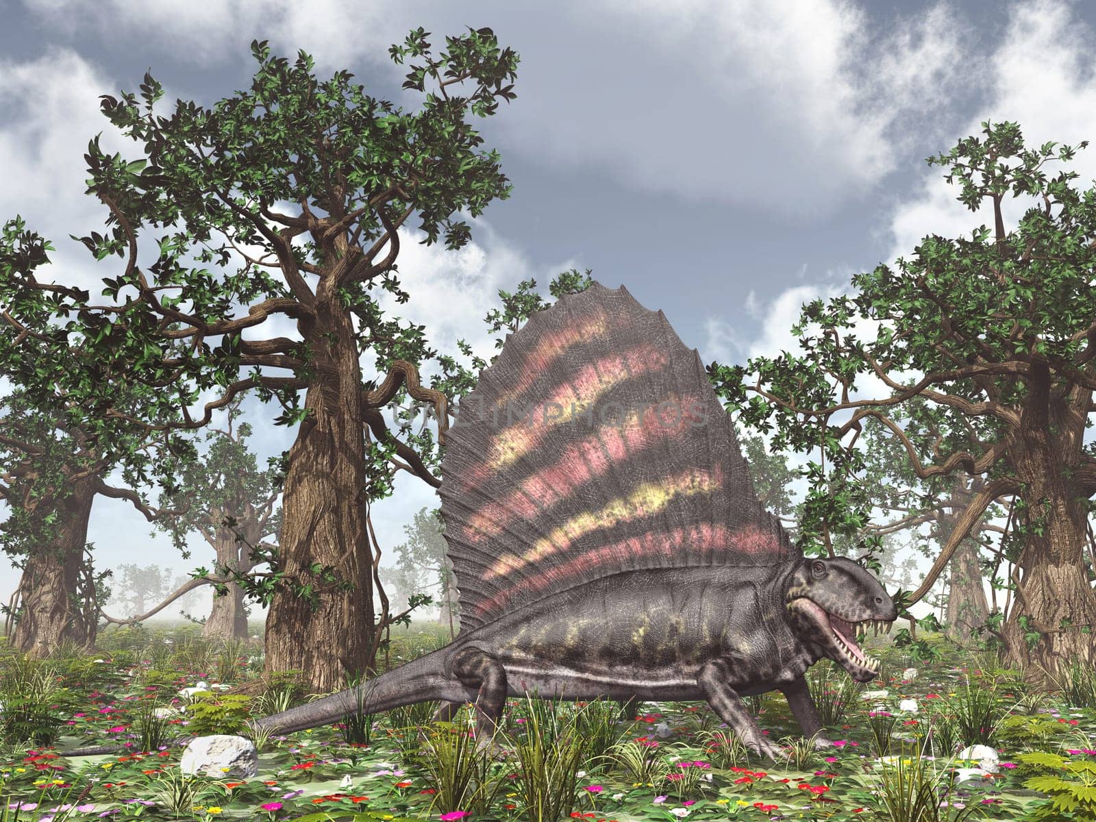 Computer-generated 3D illustration with the Pelycosaur Dimetrodon