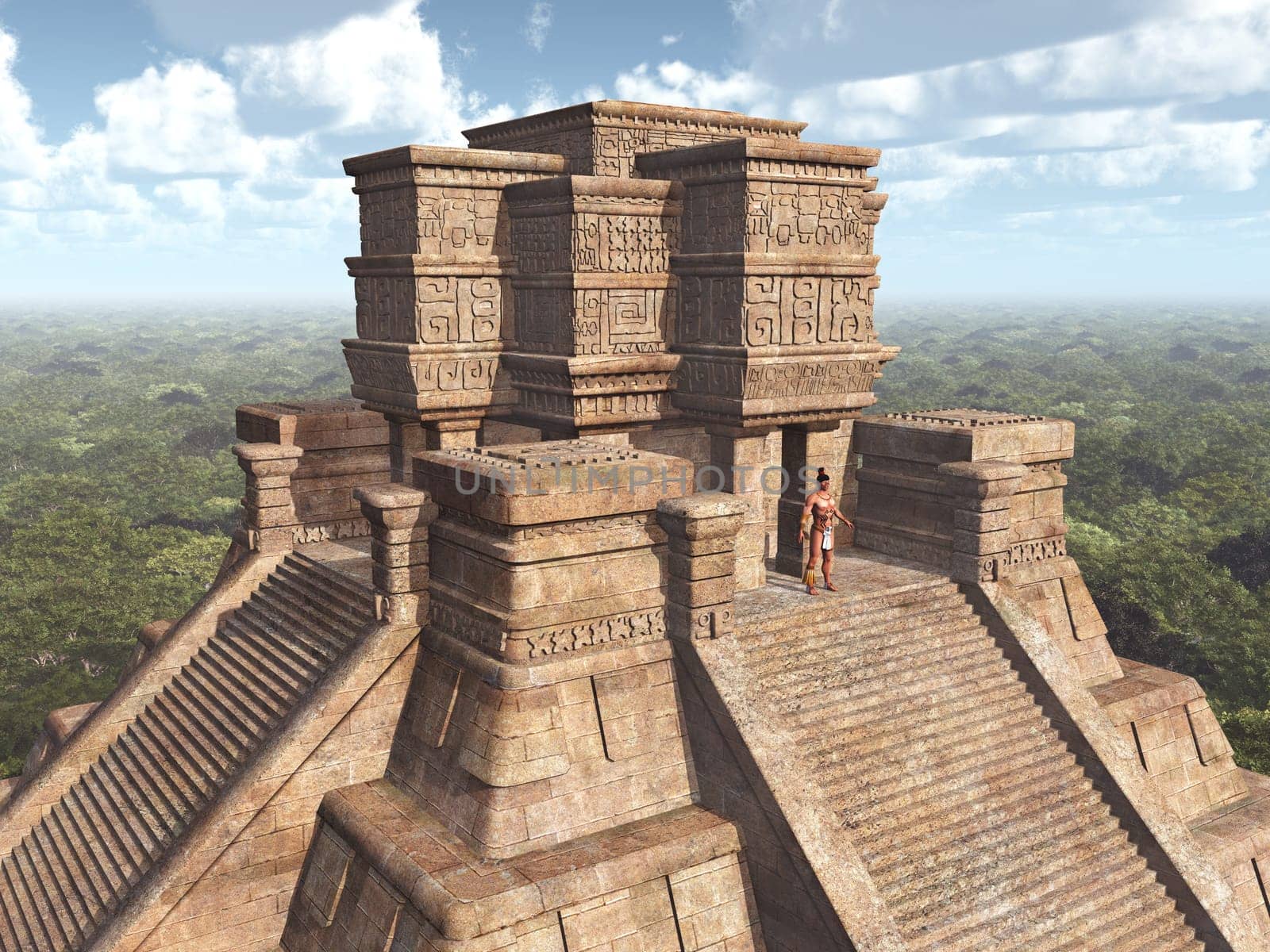 Computer-generated 3D illustration with a Mayan temple