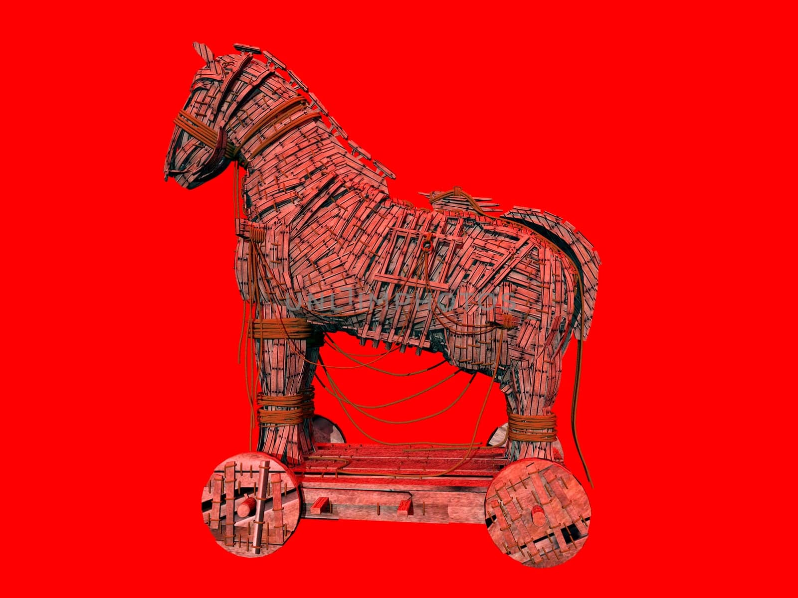 Computer-generated 3D illustration with a warning icon for the computer program Trojan Horse
