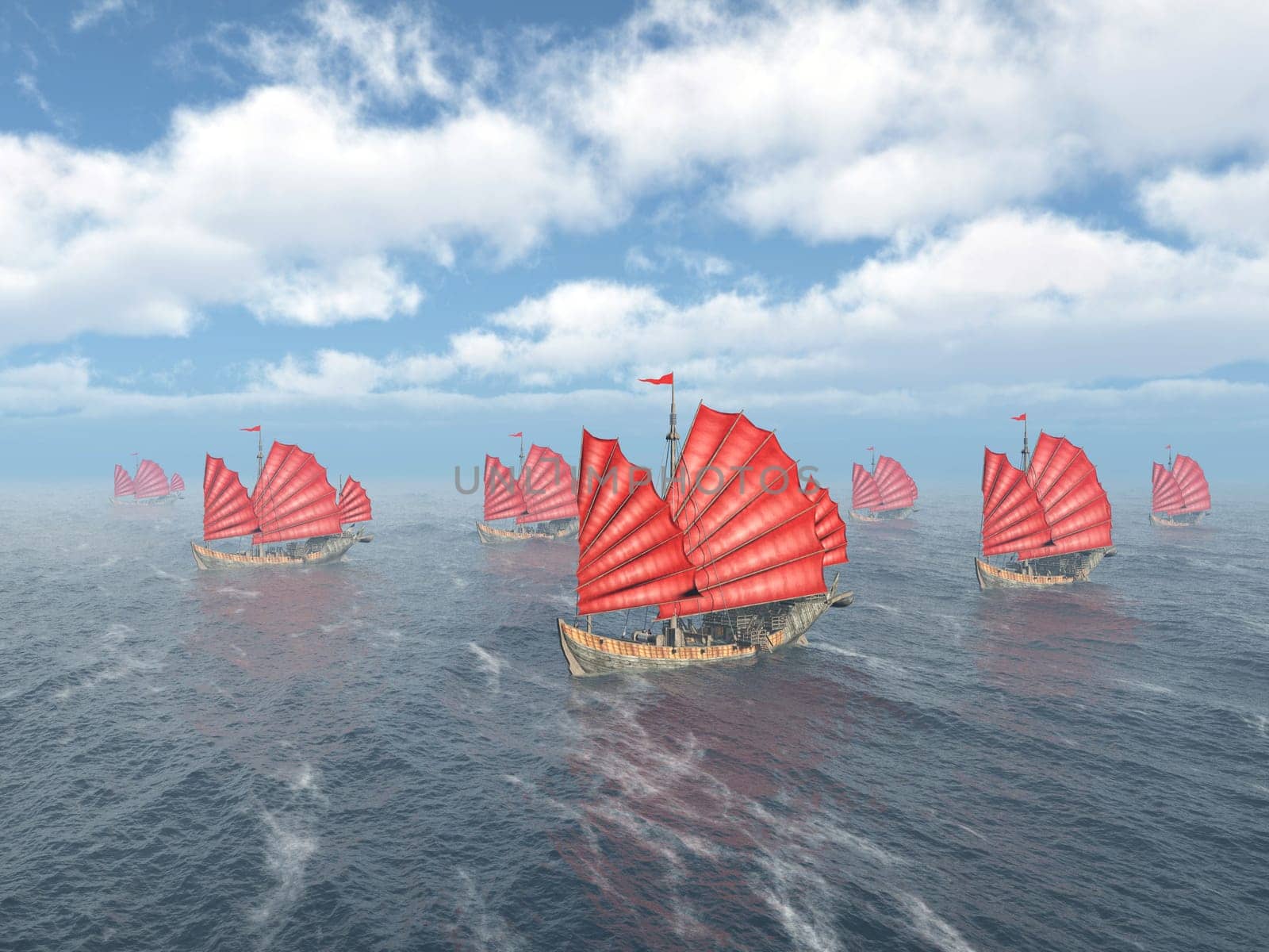 Computer-generated 3D illustration with a fleet of Chinese junks