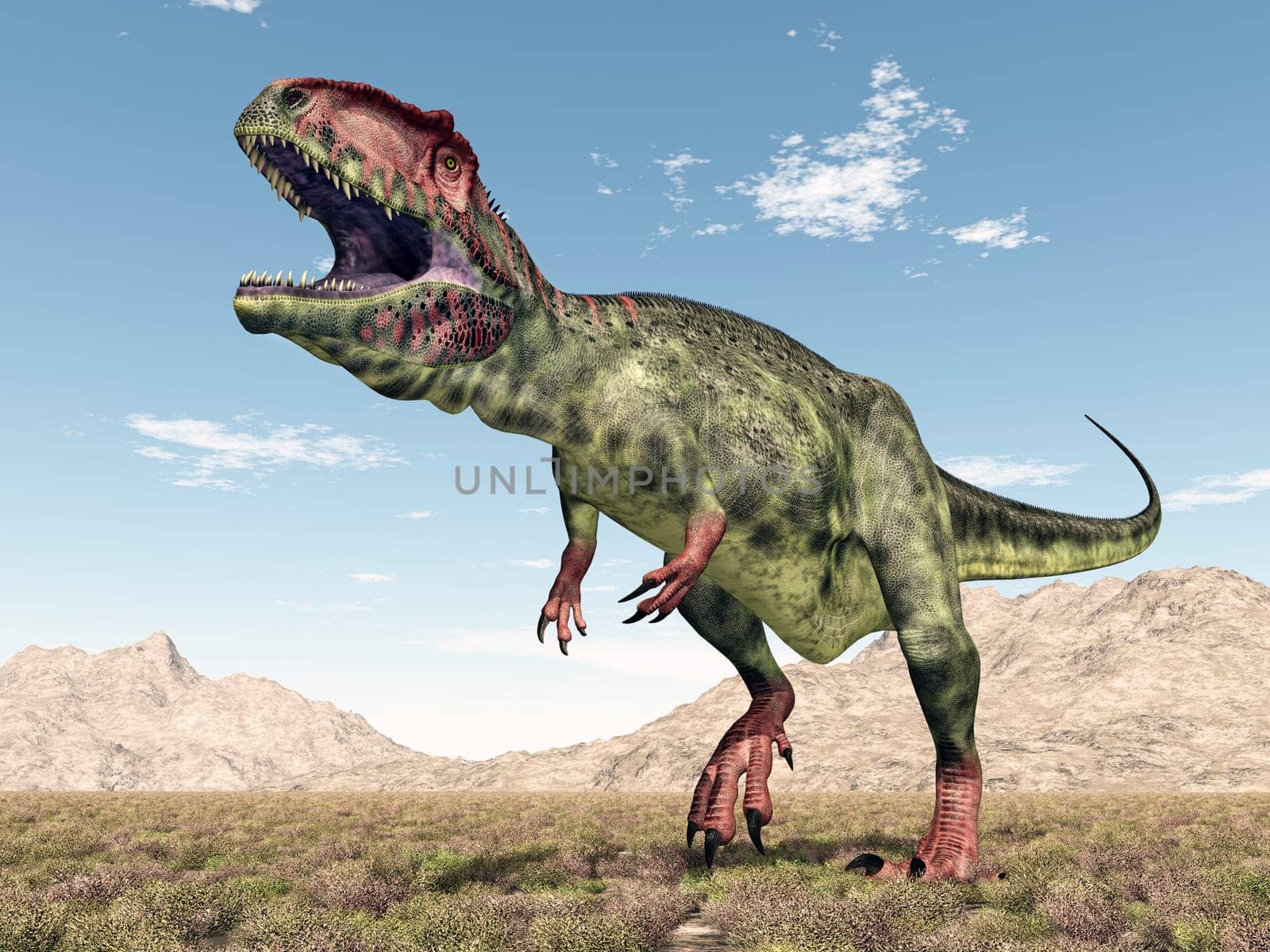 Computer-generated 3D illustration with the dinosaur Giganotosaurus