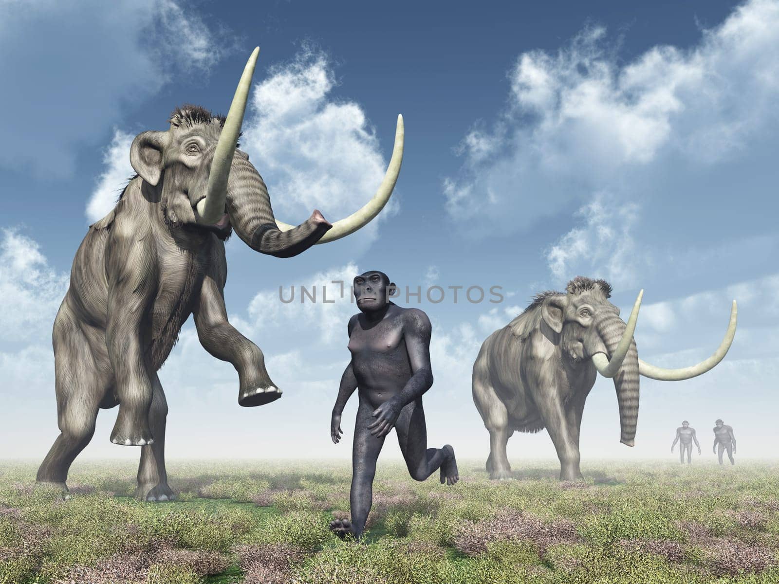 Computer-generated 3D illustration with Homo Habilis and mammoths. Homo Habilis is an extinct species in the genus Homo.