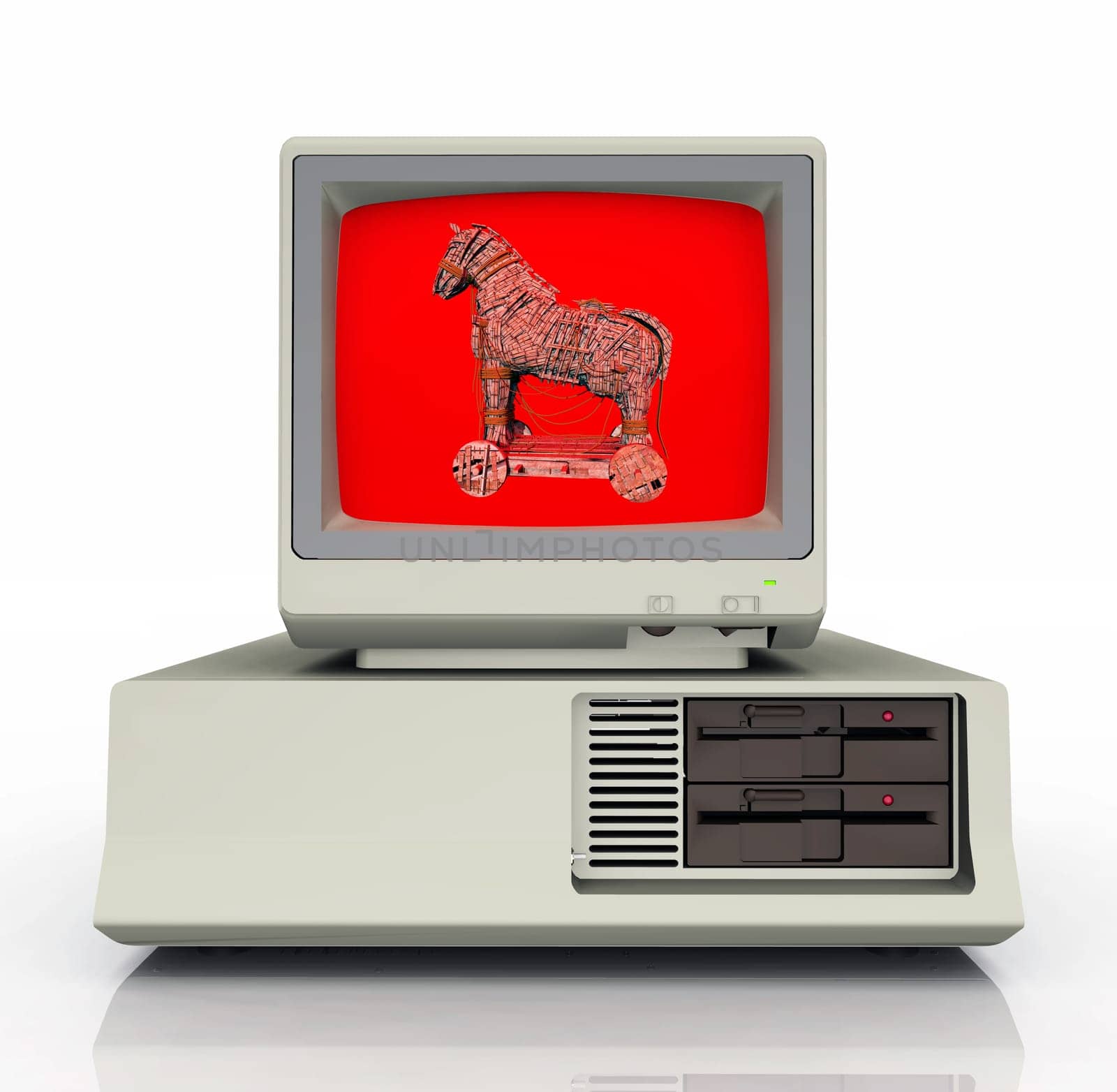 Computer-generated 3D illustration with a warning icon for the Trojan Horse computer program on a PC monitor