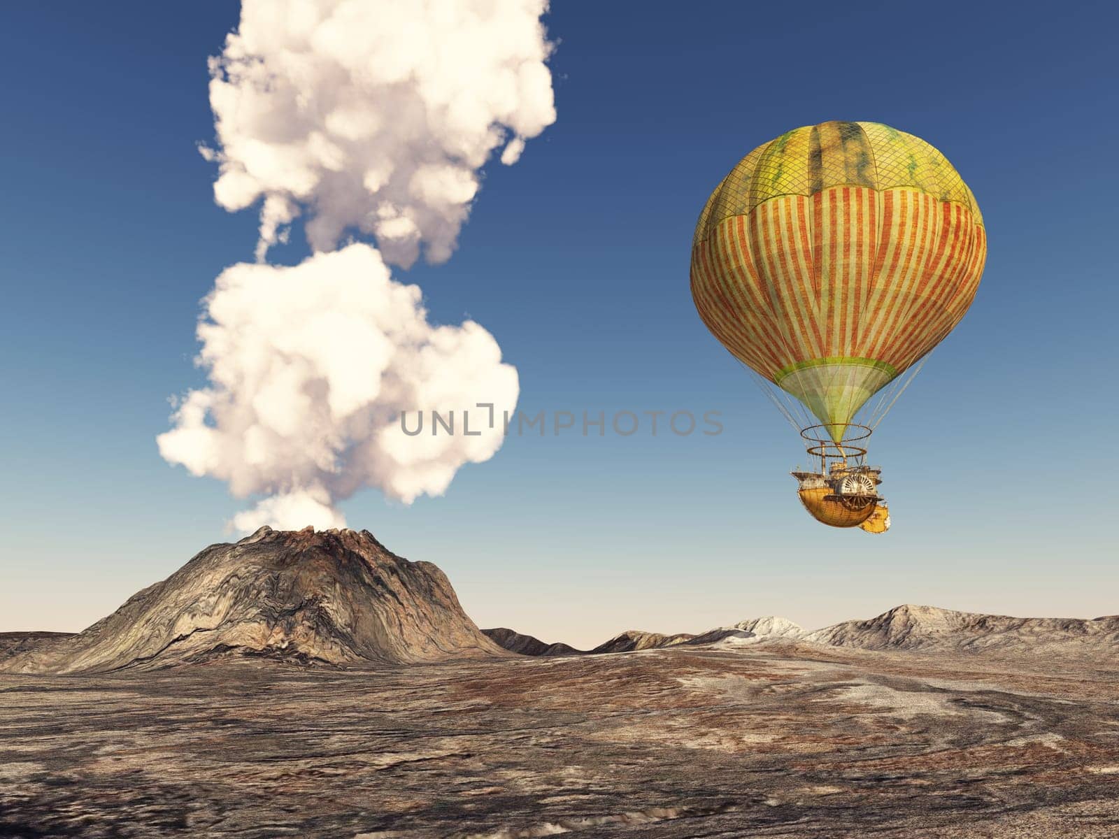 Computer-generated 3D illustration with a fantasy hot air balloon over a volcanic landscape