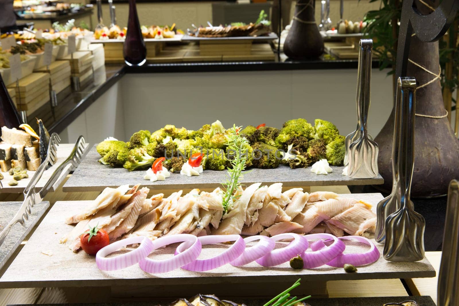 tray of assorted food for salad buffet