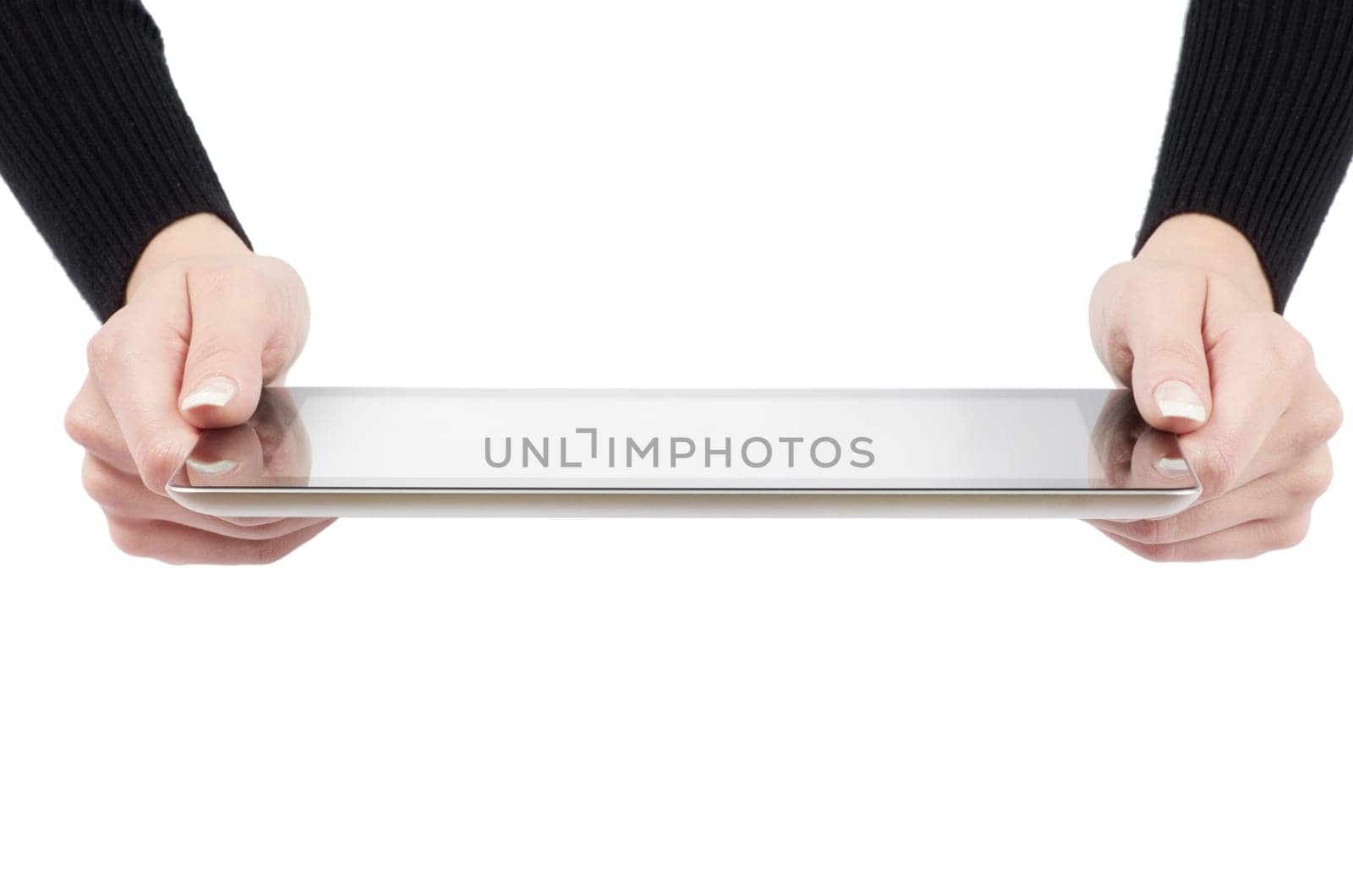 female hands holding a tablet touch computer gadget with isolated screen