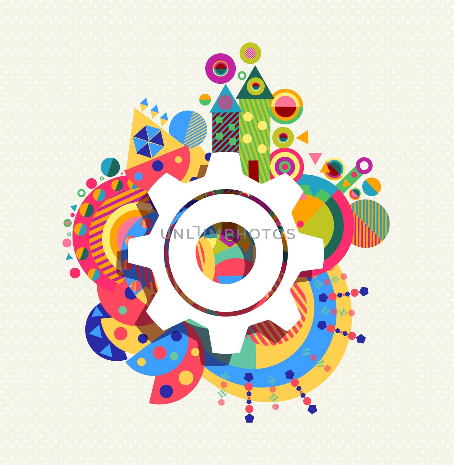 Gear wheel icon configuration concept design with colorful vibrant geometry shapes background. EPS10 vector.