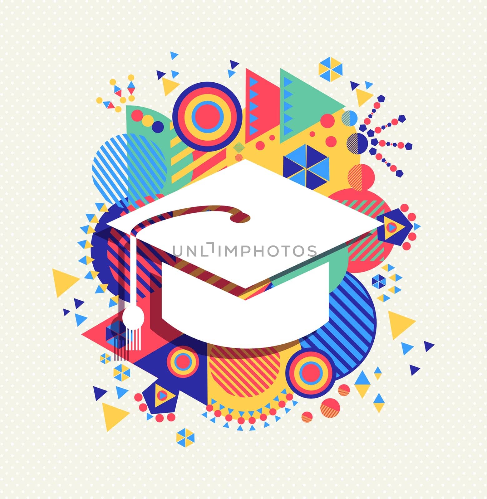 College graduation cap icon, school education concept design with colorful geometry element background. EPS10 vector.
