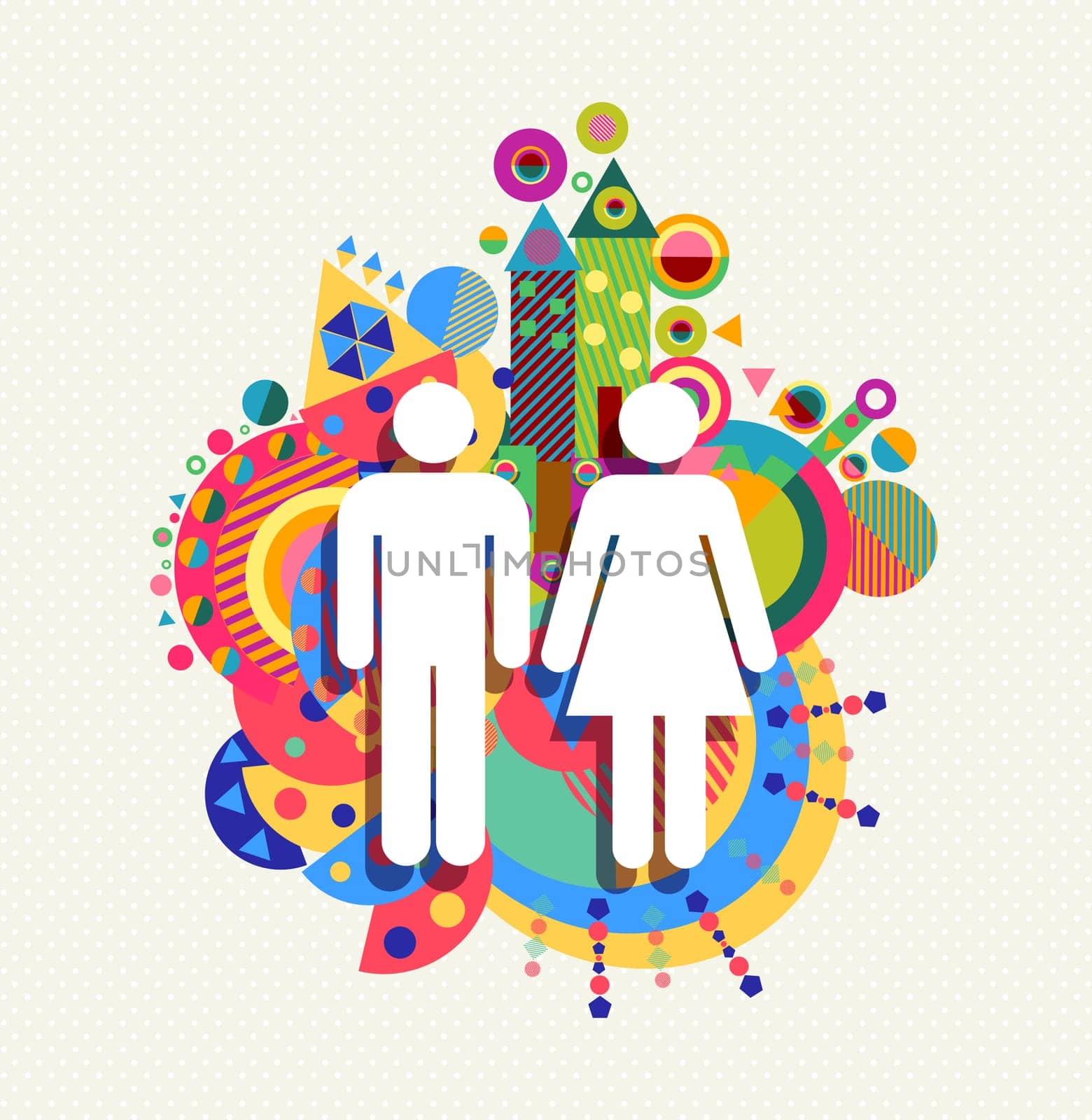 Couple icon, man and woman sign concept design with colorful vibrant geometry shapes illustration background. EPS10 vector.