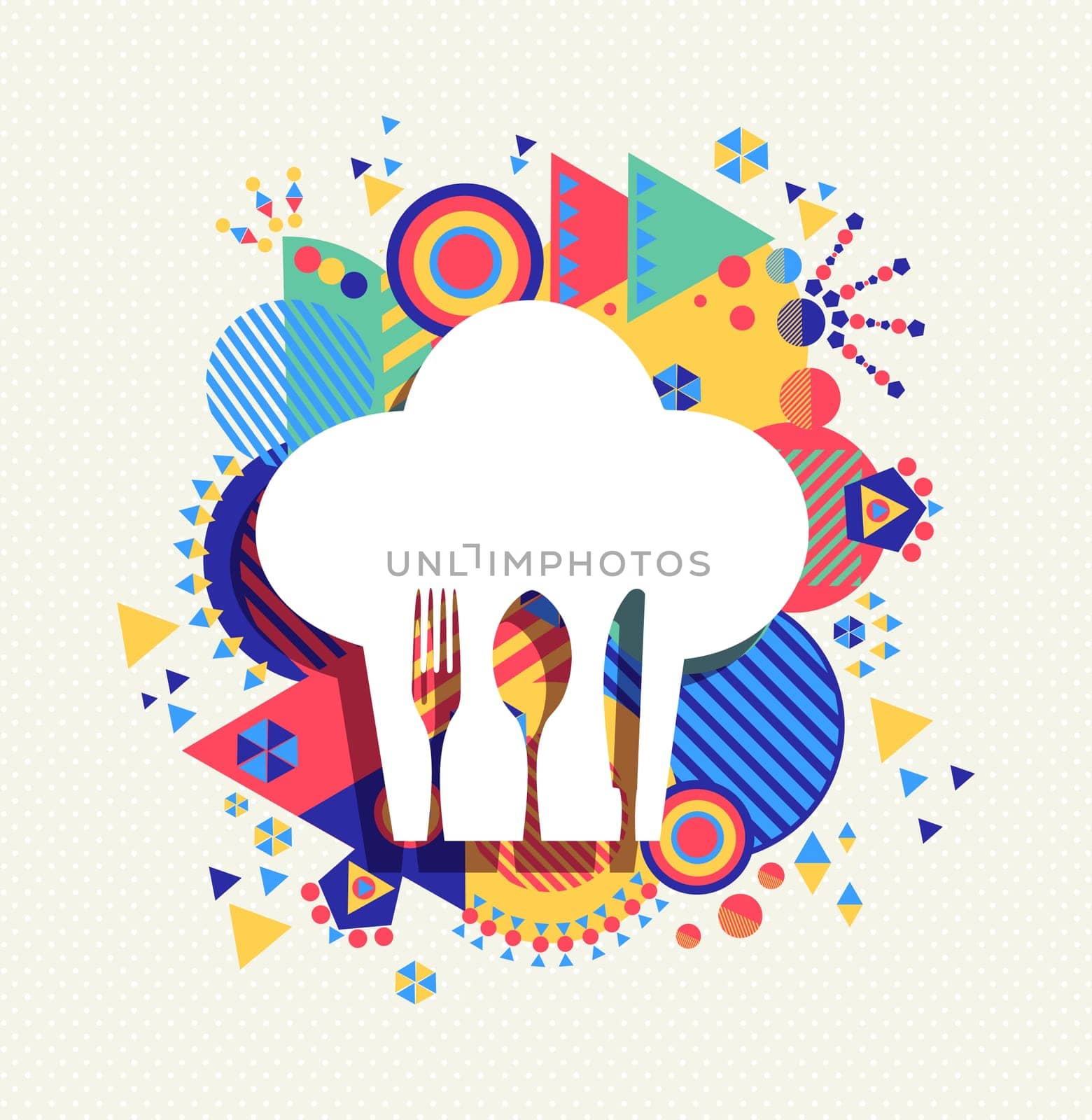 Chef hat, gourmet menu icon concept design with knife fork and spoon on colorful geometry illustration background. EPS10 vector.