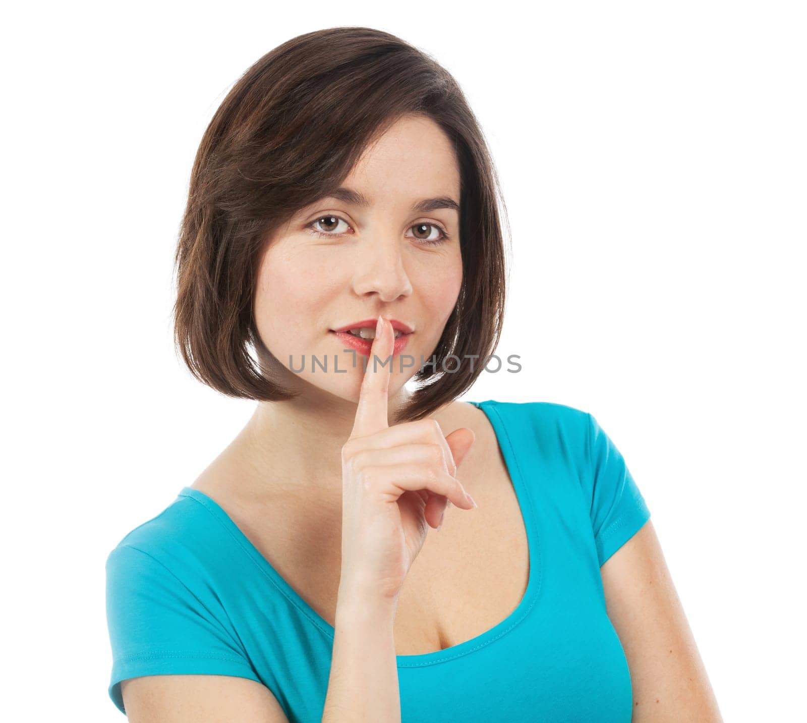 Young woman expressing a desire of silence or secret, on white