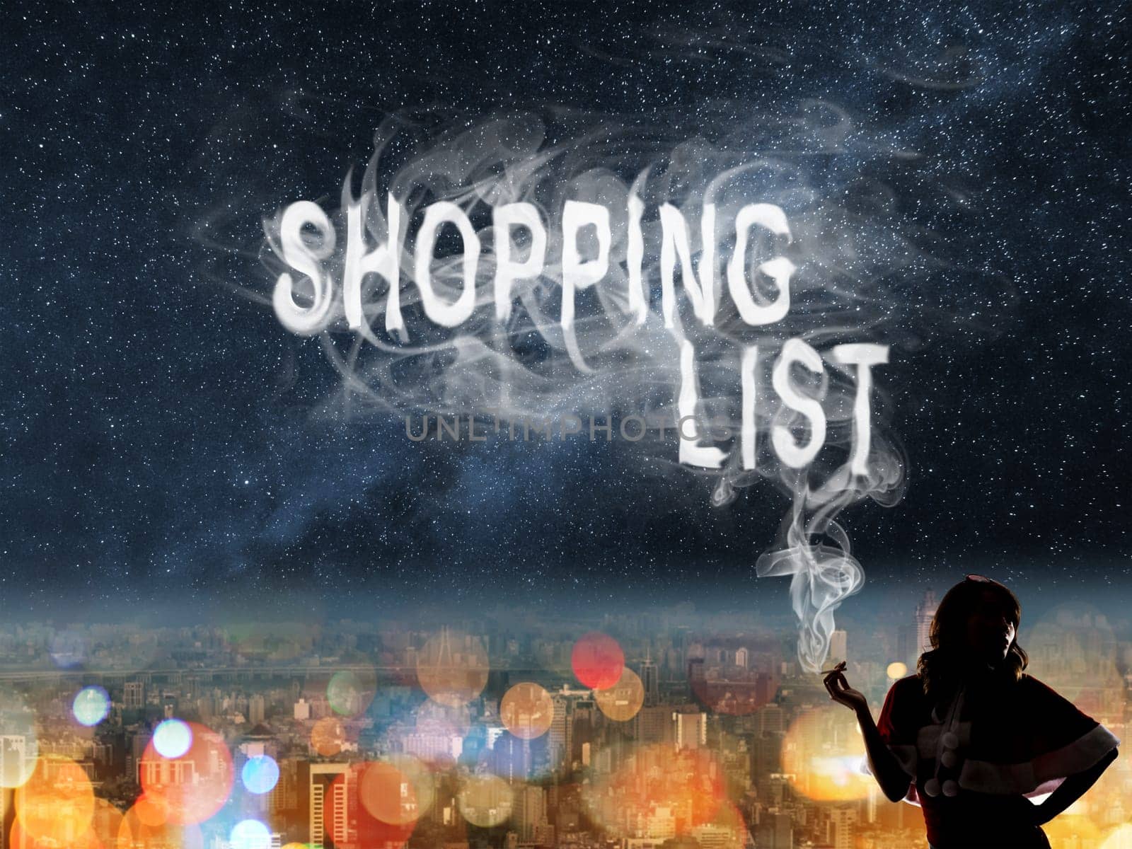 Christmas concept of lady with smoke text in the city night.