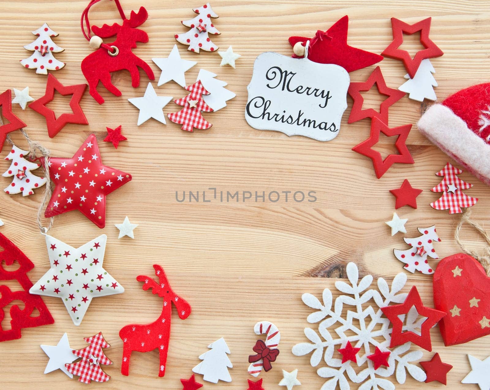 Rustic wooden background with colorful decorations for Christmas