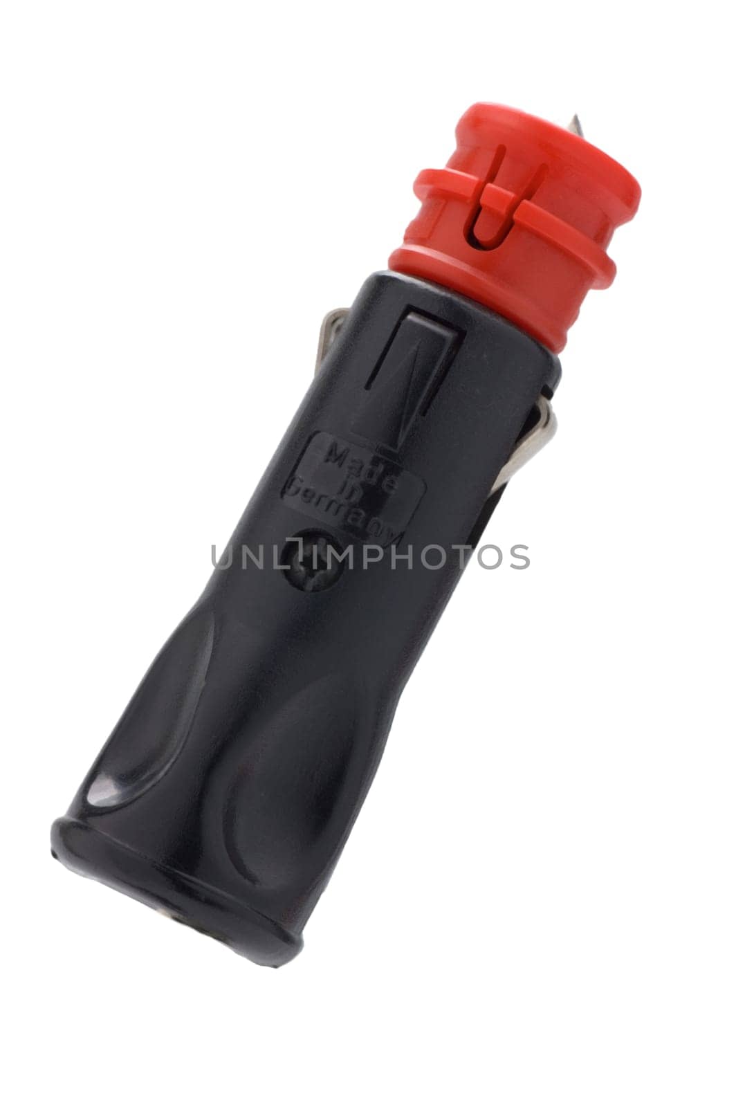 Red and white car 12 V DC plug on white