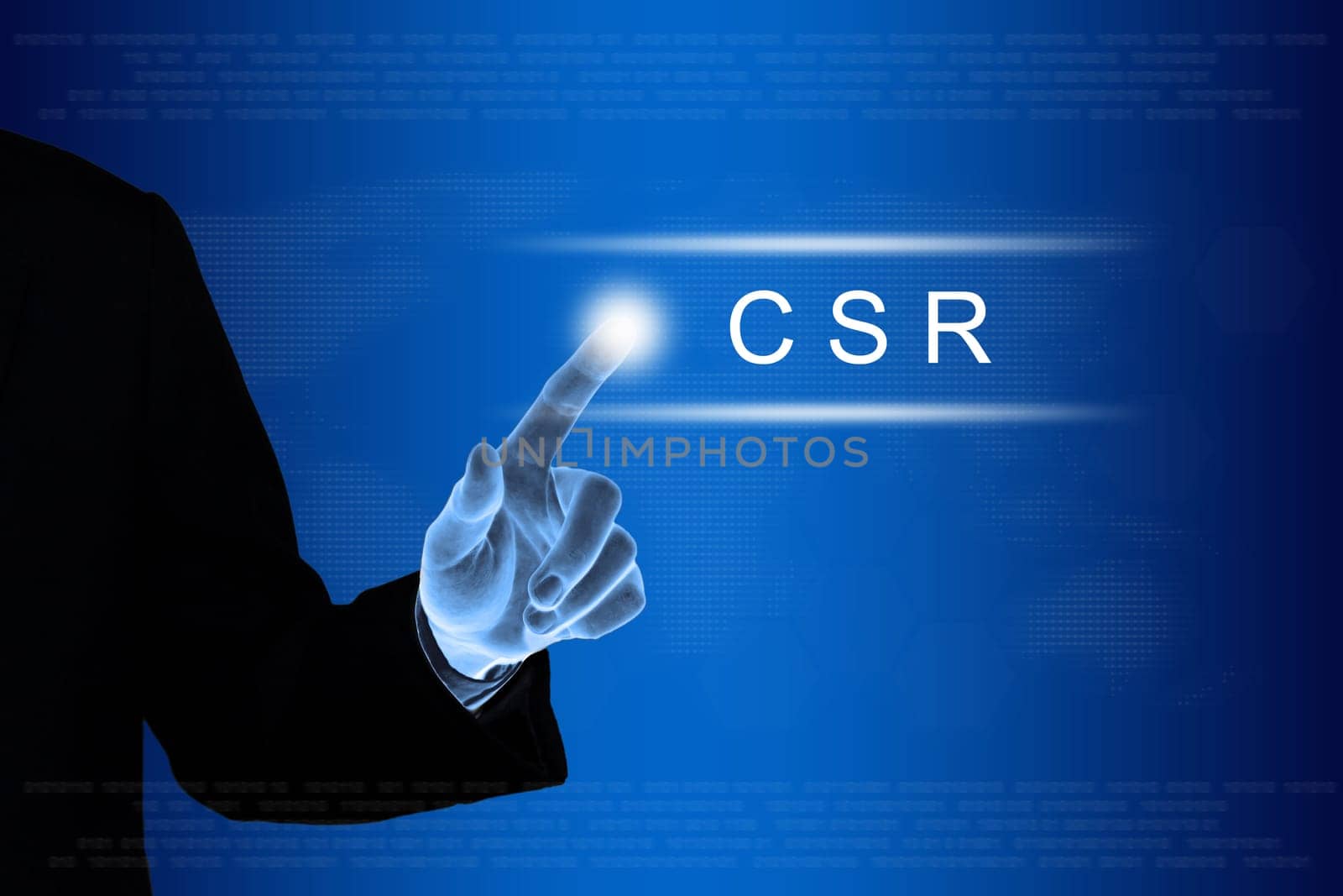 business hand pushing CSR or Corporate social responsibility button
