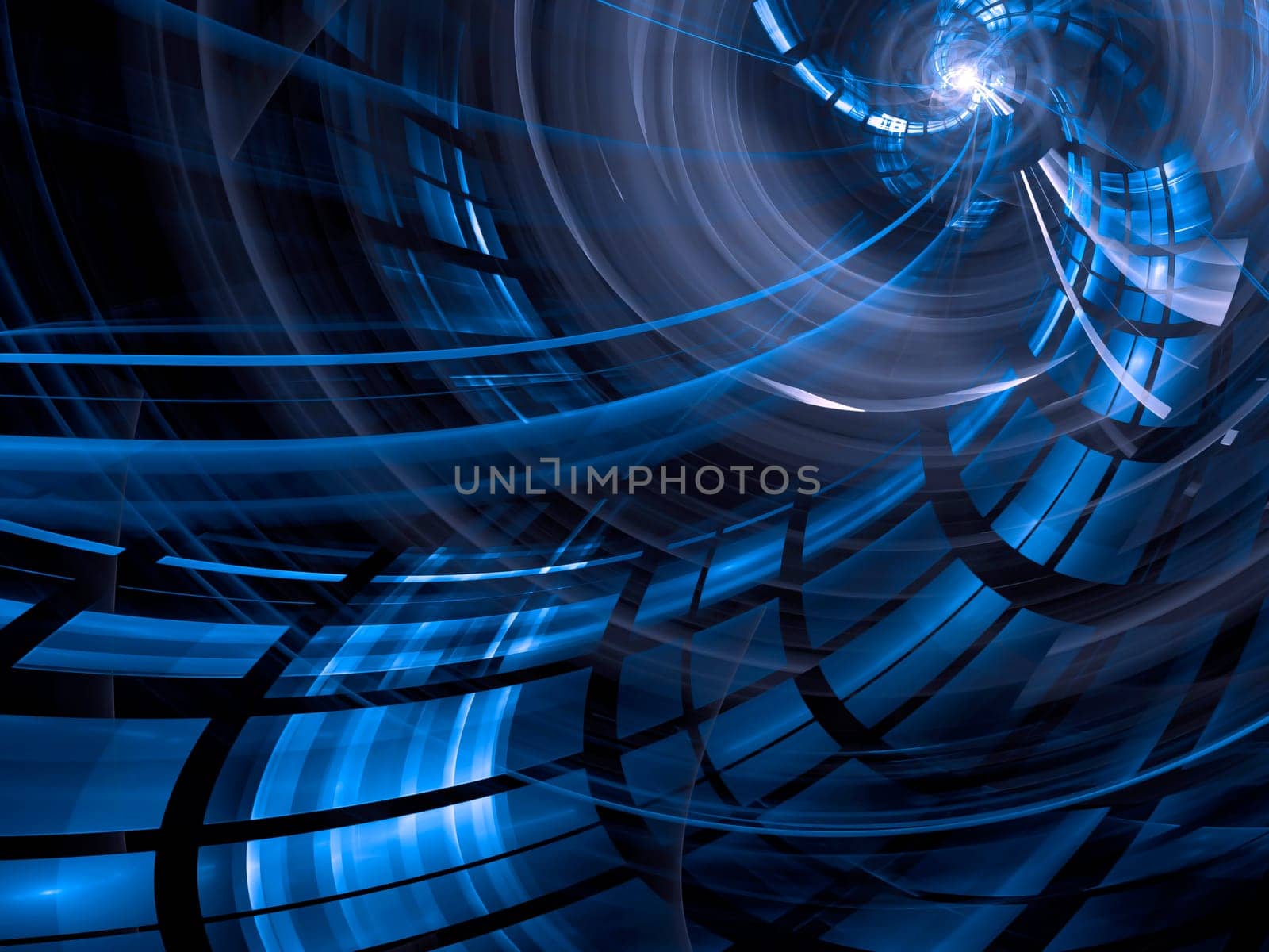 Abstract blue computer-generated image in technology style on dark background with part of funnel, grid and highlights