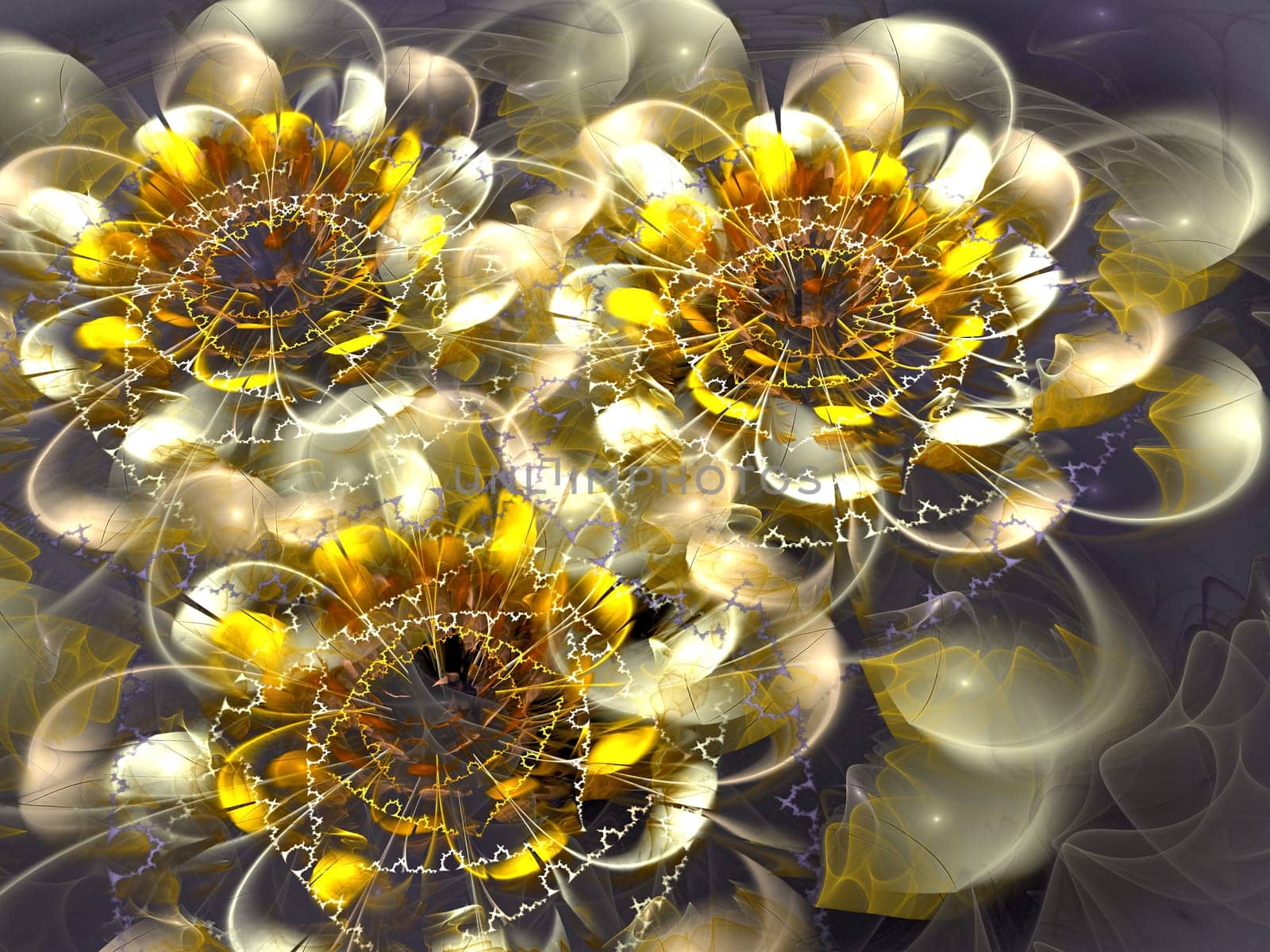 Abstract computer-generated image three white and yellow beautiful glossy flowers