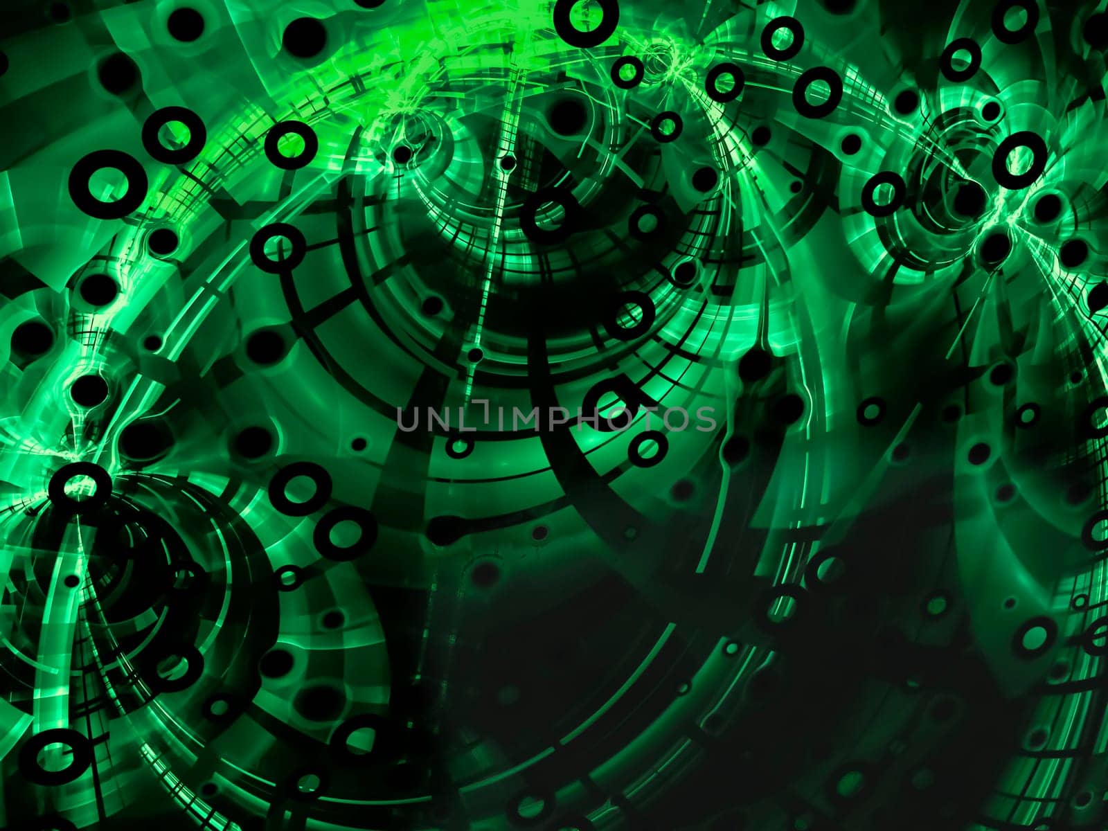 Abstract green digitally generated image in technology style on dark background with  pipes, rings, holes and highlights