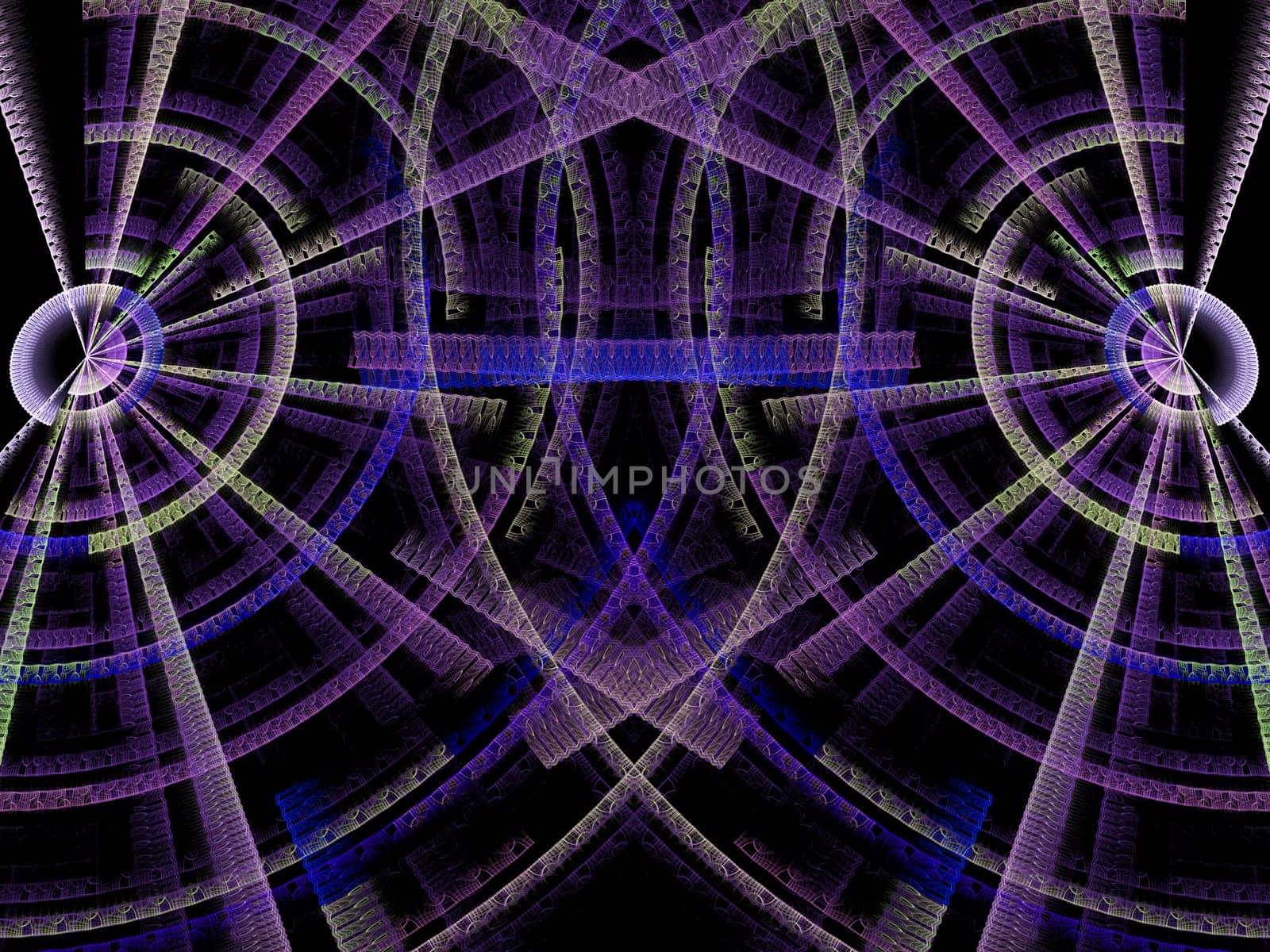 Abstract digitally generated image of two crossing textured disks on a dark background