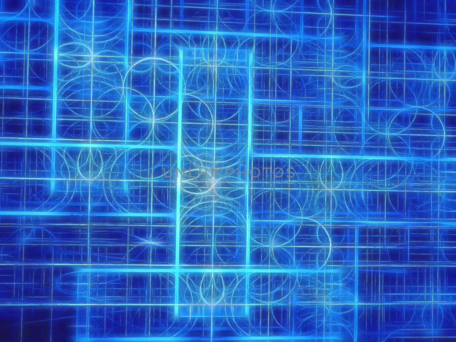 Abstract digitally generated blue image pattern of randomly distributed circles and rectangles