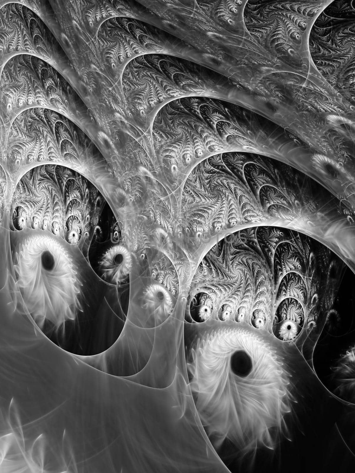 Abstract computer-generated image black and white antique background with curls, balls and beautiful texture