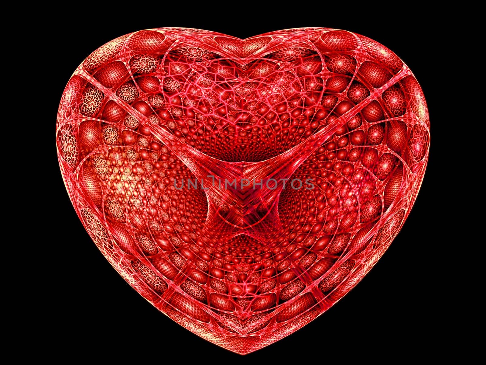 Abstract computer-generated image red textired heart on a black background