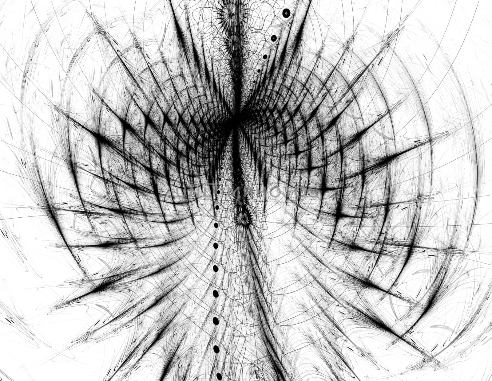 Abstract computer-generated black and white image ribbed tunnel like careless pencil sketch