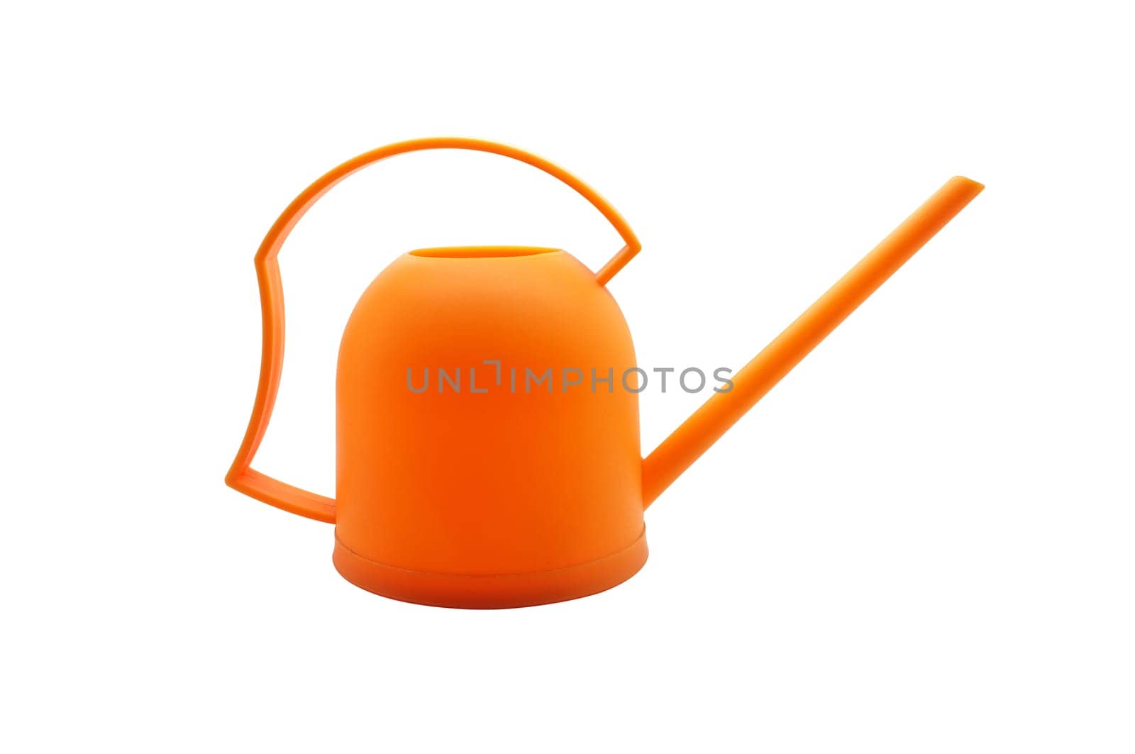 Orange watering plastic can, orange watering plastic pot on white background