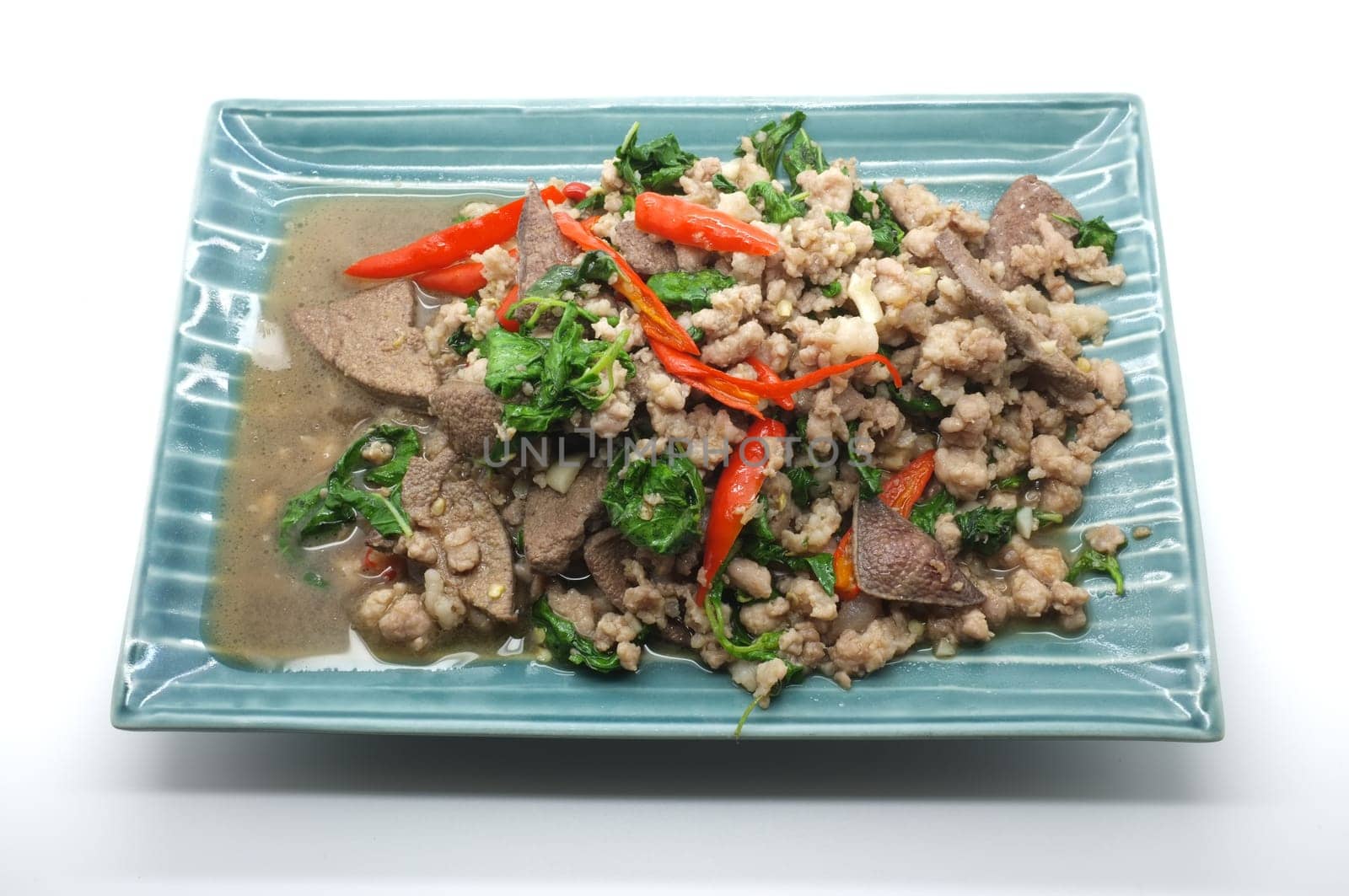 Stir fry basil leaves with pork and liver