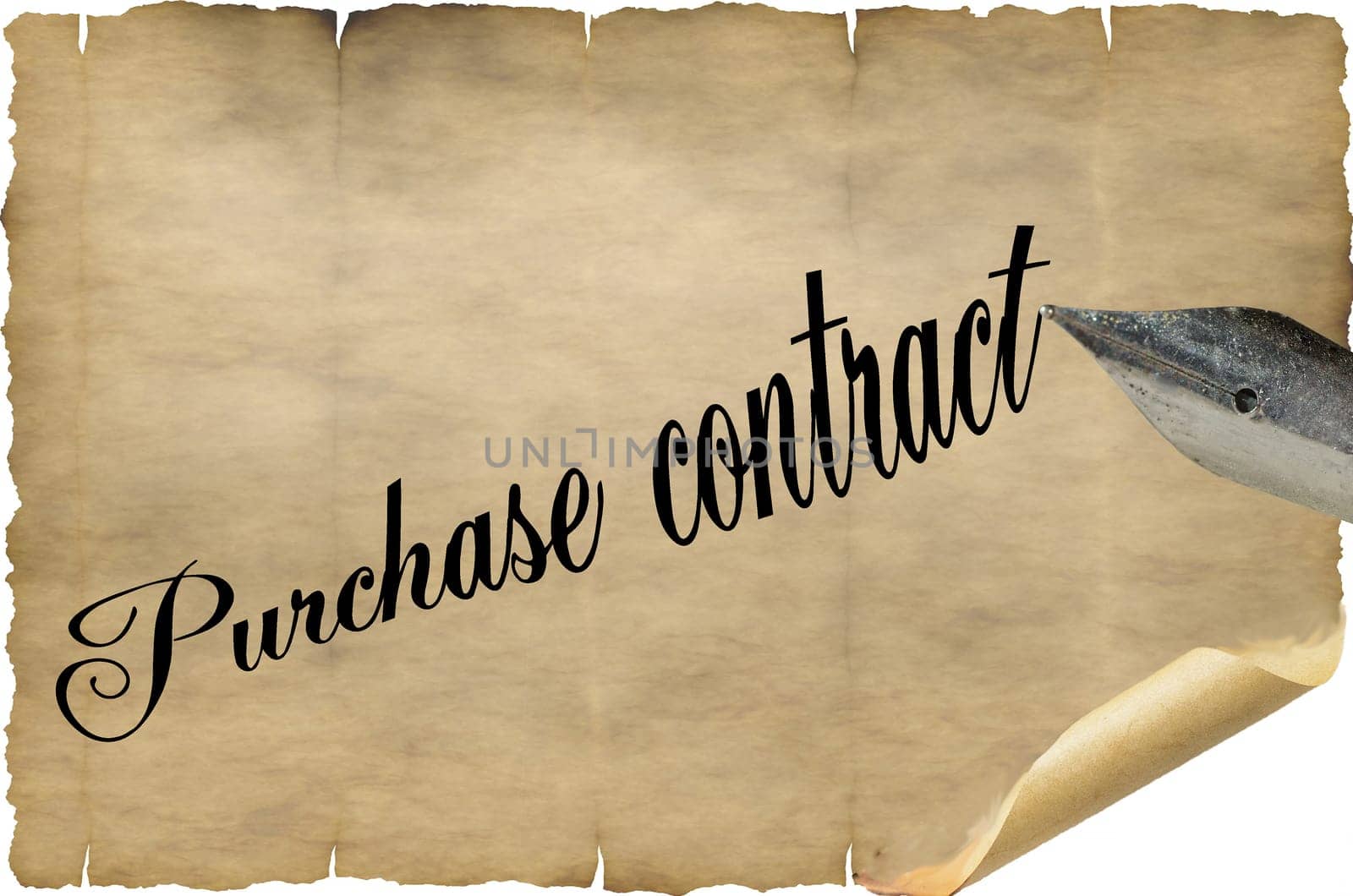 Old document with pen and caption in English purchase contract.