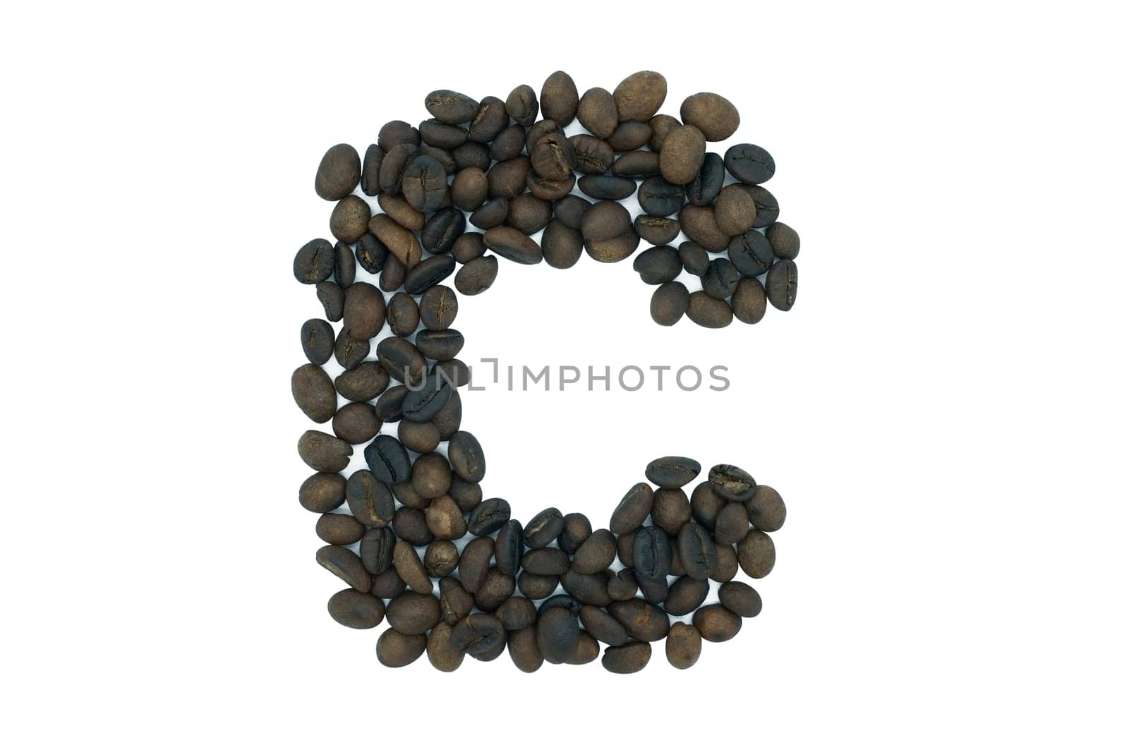 Creative alphabet from coffee bean isolated on white background