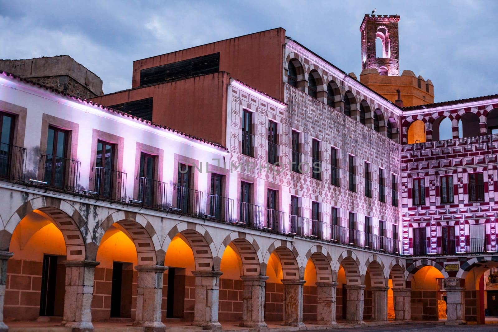 Plaza Alta, High Square of Badajoz at twilight iluminated with led lights