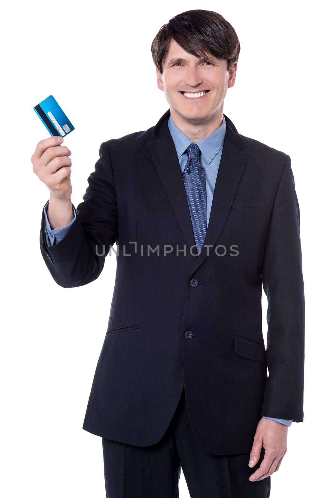 Picture of a happy boss displaying cash card