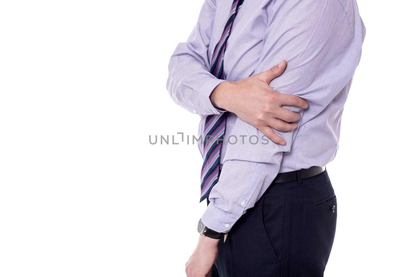 Businessman suffers intense elbow pain on white background